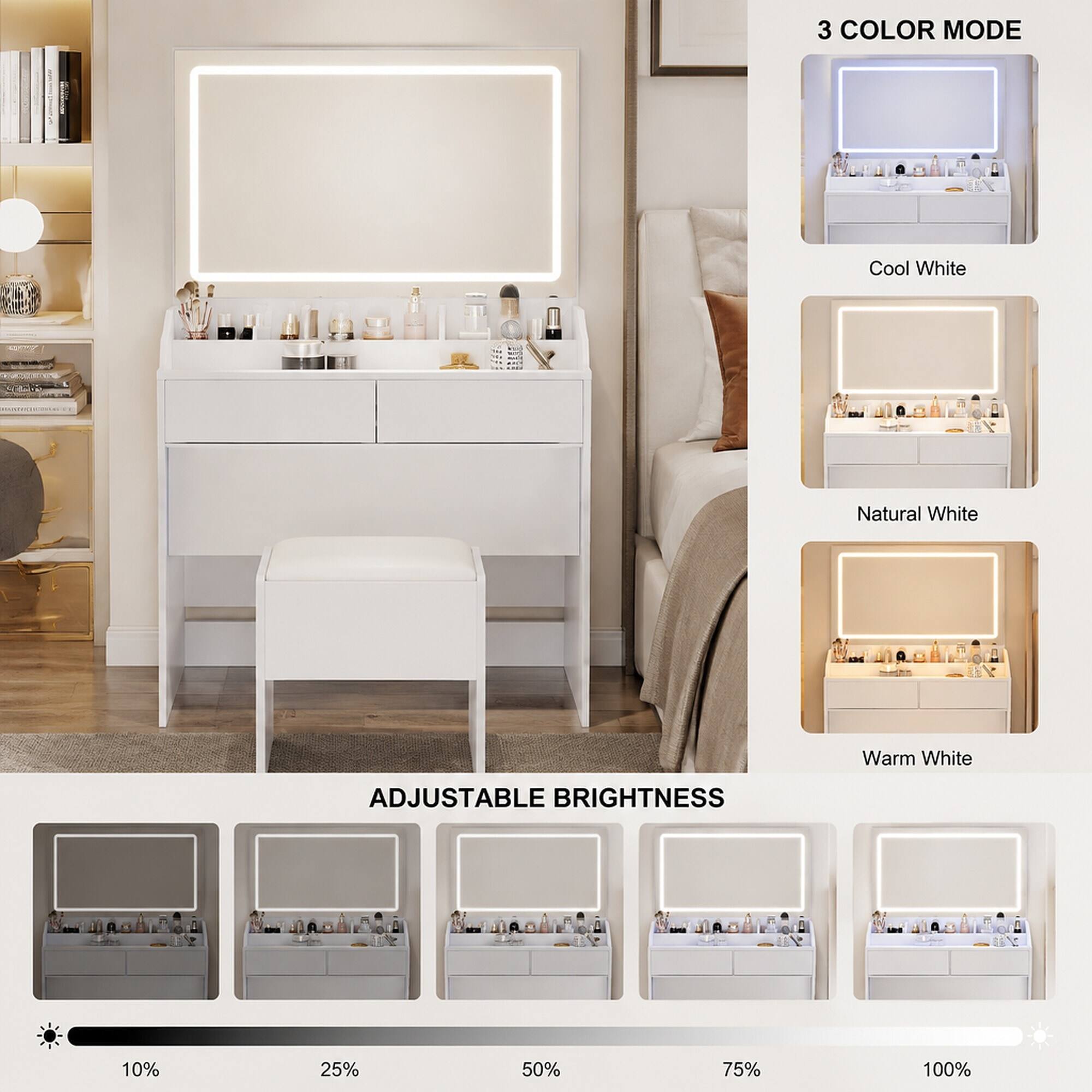 3 COLOR MODE
- Cool White
- Natural White
- Warm White

ADJUSTABLE BRIGHTNESS
- 10%
- 25%
- 50%
- 75%
- 100%