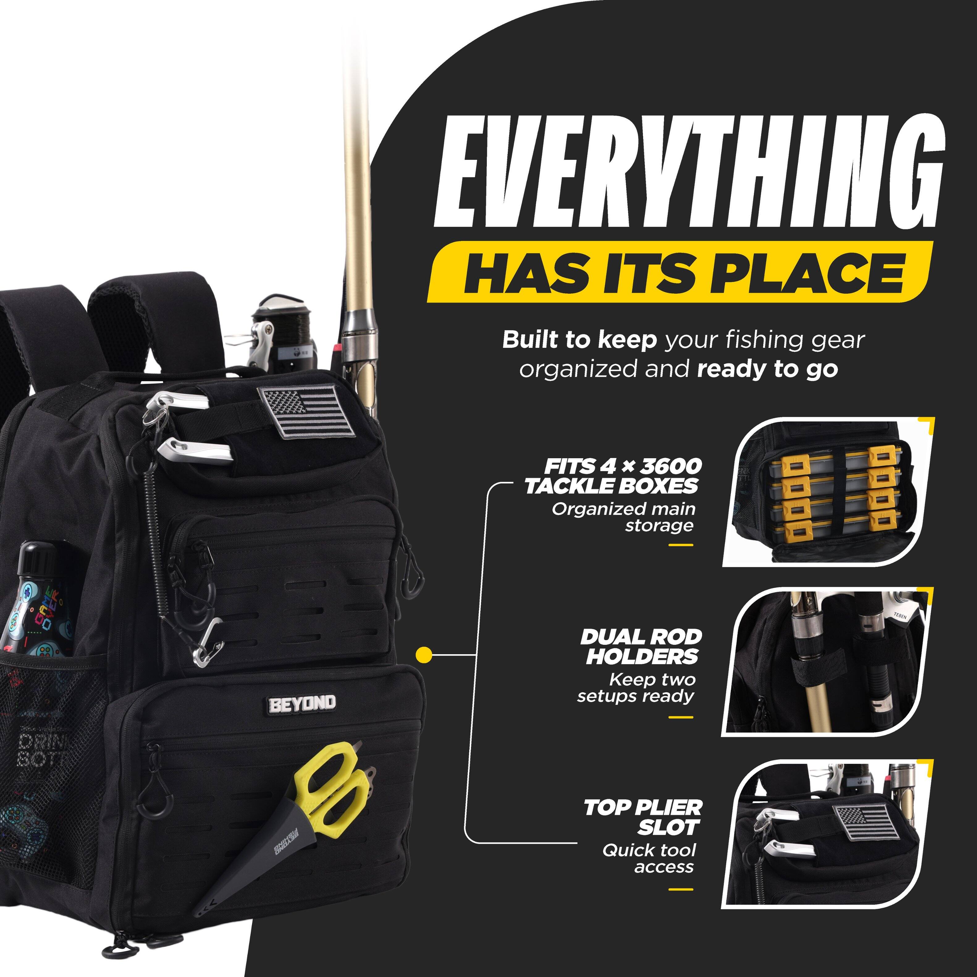 EVERYTHING HAS ITS PLACE  
Built to keep your fishing gear organized and ready to go

FITS 4 x 3600 TACKLE BOXES  
Organized main storage

DUAL ROD HOLDERS  
Keep two setups ready

TOP PLIER SLOT  
Quick tool access