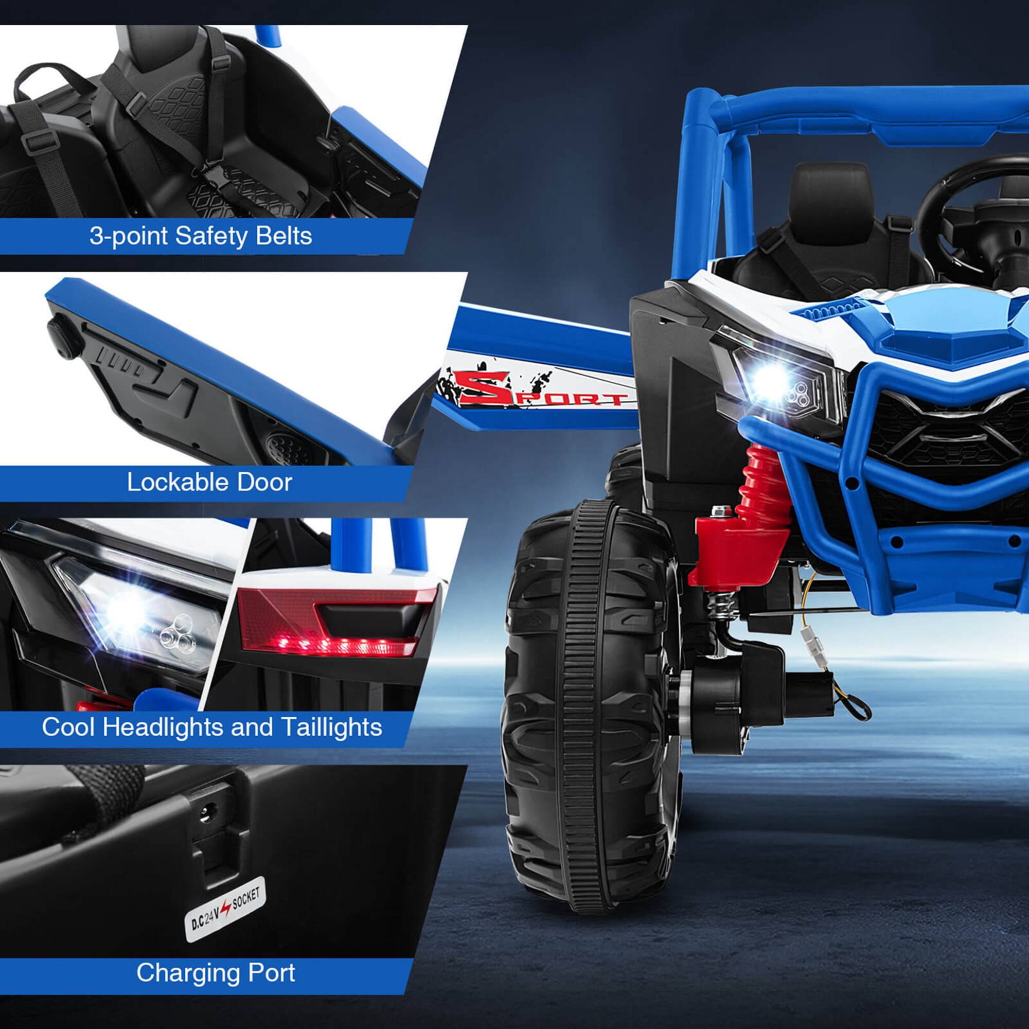 - 3-point Safety Belts
- Lockable Door
- Cool Headlights and Taillights
- Charging Port