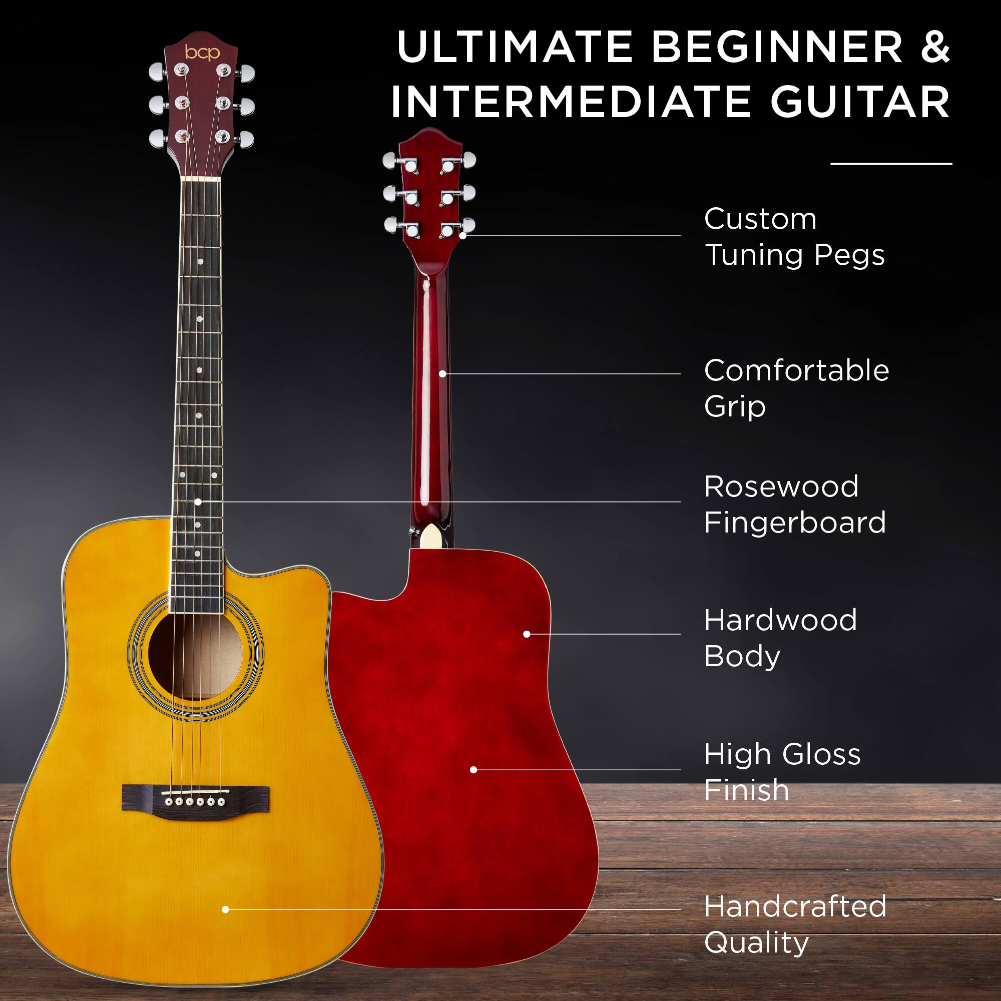 ULTIMATE BEGINNER & INTERMEDIATE GUITAR

- Custom Tuning Pegs
- Comfortable Grip
- Rosewood Fingerboard
- Hardwood Body
- High Gloss Finish
- Handcrafted Quality