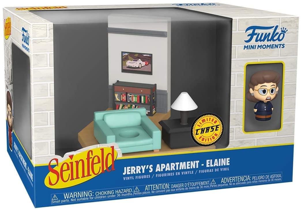 Sure, here is the corrected and grouped text from the image:

---

**Funko Mini Moments Limited Chase Edition**

**Seinfeld**

**Jerry's Apartment - Elaine**

**Vinyl Figures / Figurines en Vinyle / Figuras de Vinil**

**WARNING: CHOKING HAZARD - Small parts. Not suitable for children under 36 months.**

**ATTENTION: DANGER D'ÉTOUFFEMENT - Petites pièces. Ne convient pas aux enfants de moins de 36 mois.**

**ADVERTENCIA: PELIGRO DE ASFIXIA - Piezas pequeñas. No es adecuado para niños menores de 36 meses.**

**Limited Chase Edition**

**Elaine**

**Figurines de Vinil**

---

This text is grouped and corrected for clarity and accuracy.