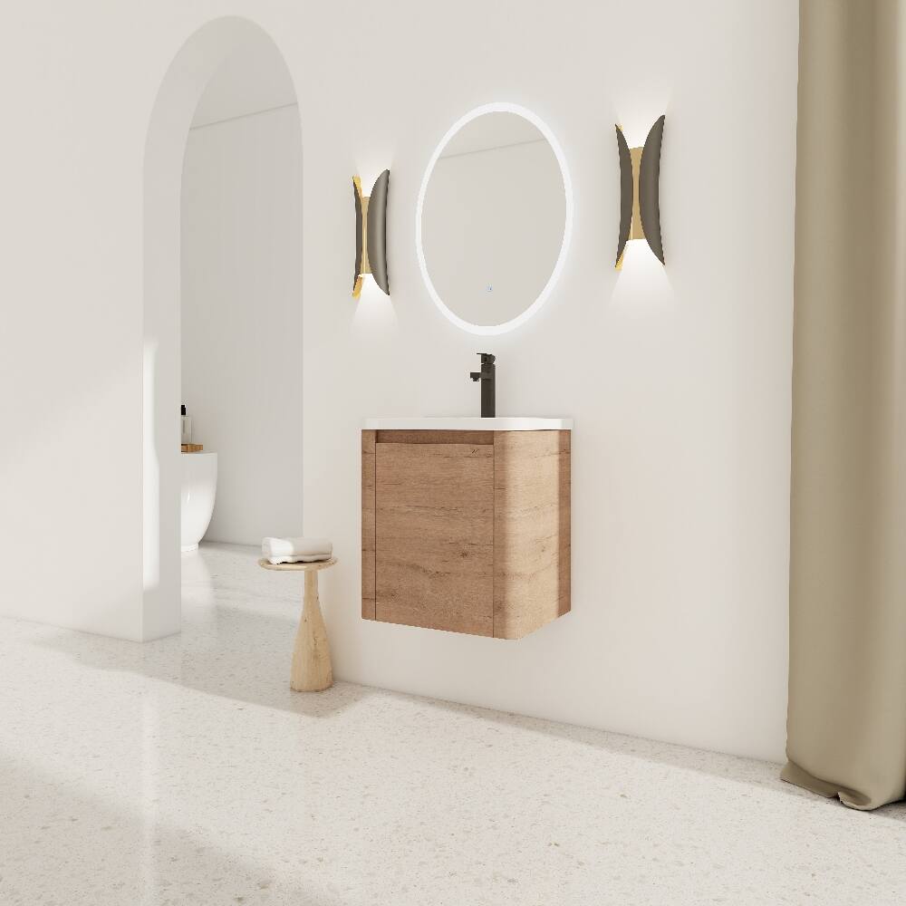 Alt View 1. Loheer - Loheer 24 inch wall mounted bathroom vanity with white ceramic sink and soft close door - Imitative Oak.