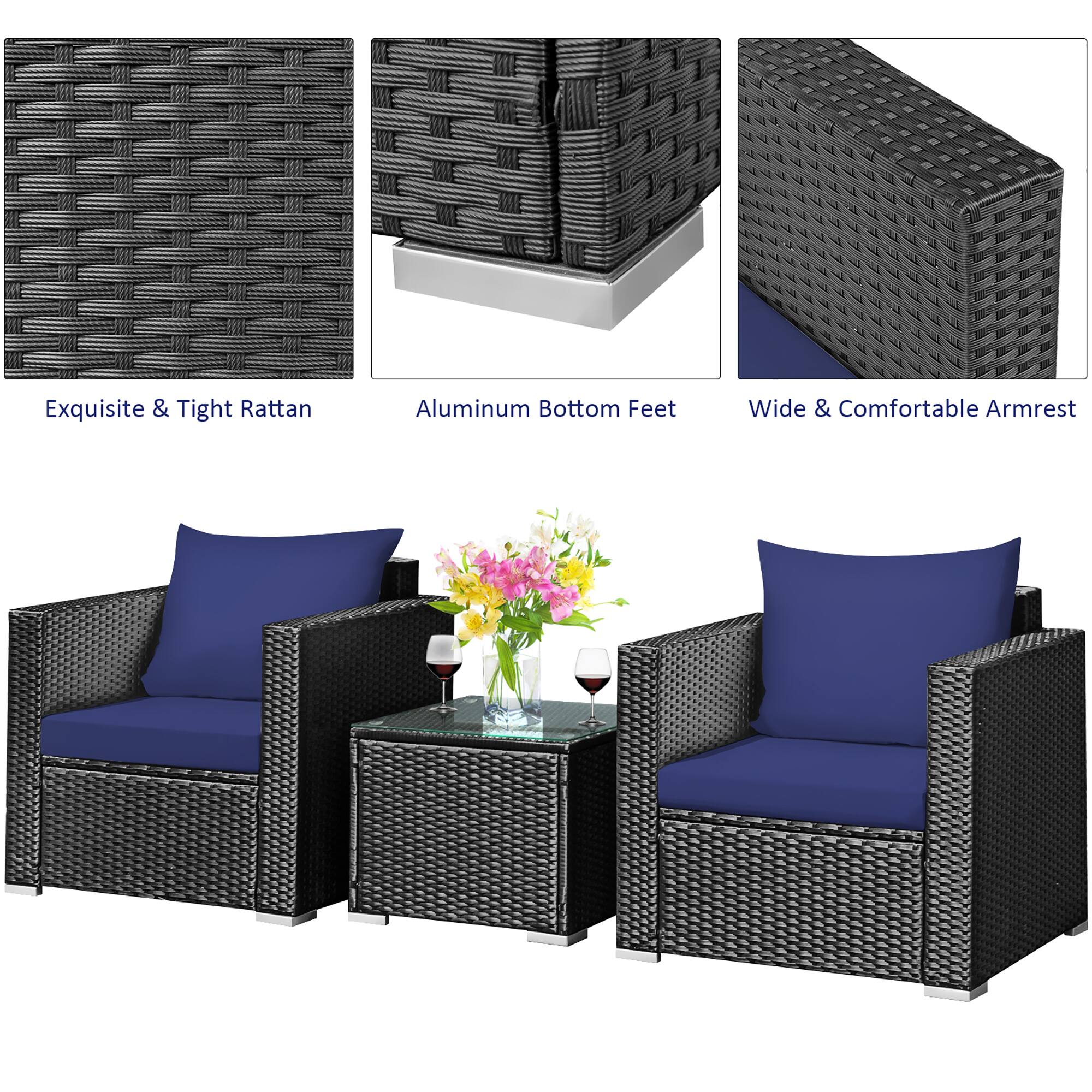 The text on the image is grouped as follows:

1. Exquisite & Tight Rattan: This refers to the wicker material used for the furniture, which is tightly woven to create a visually appealing and durable design.
2. Aluminum Bottom Feet: The furniture has aluminum legs, which provide stability and durability while also adding a modern touch to the design.
3. Wide & Comfortable Armrest: The armrests on the furniture are designed to be wide and comfortable, providing additional support and relaxation for the user.