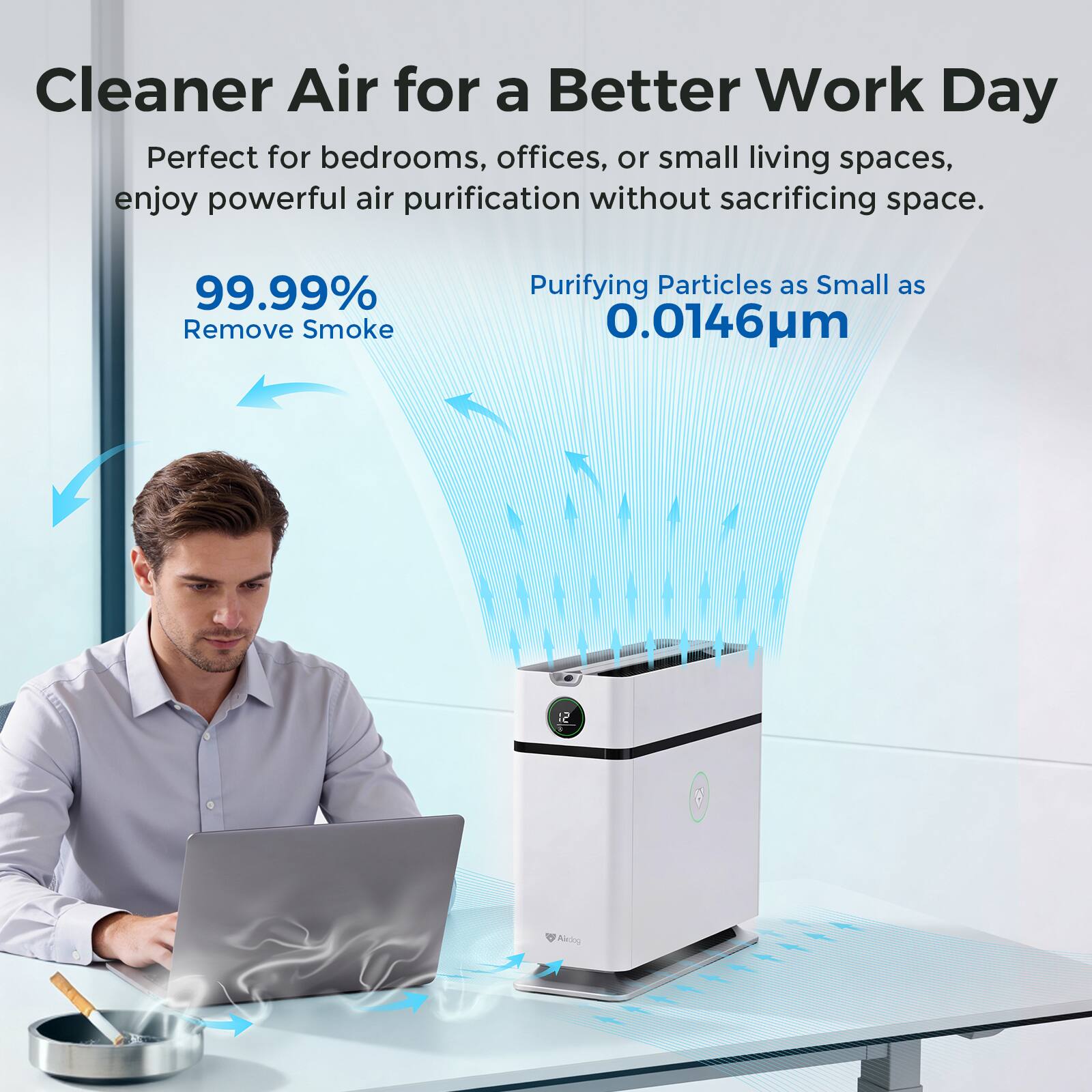 Cleaner Air for a Better Work Day

Perfect for bedrooms, offices, or small living spaces, enjoy powerful air purification without sacrificing space.

99.99% Remove Smoke

Purifying Particles as Small as 0.0146µm