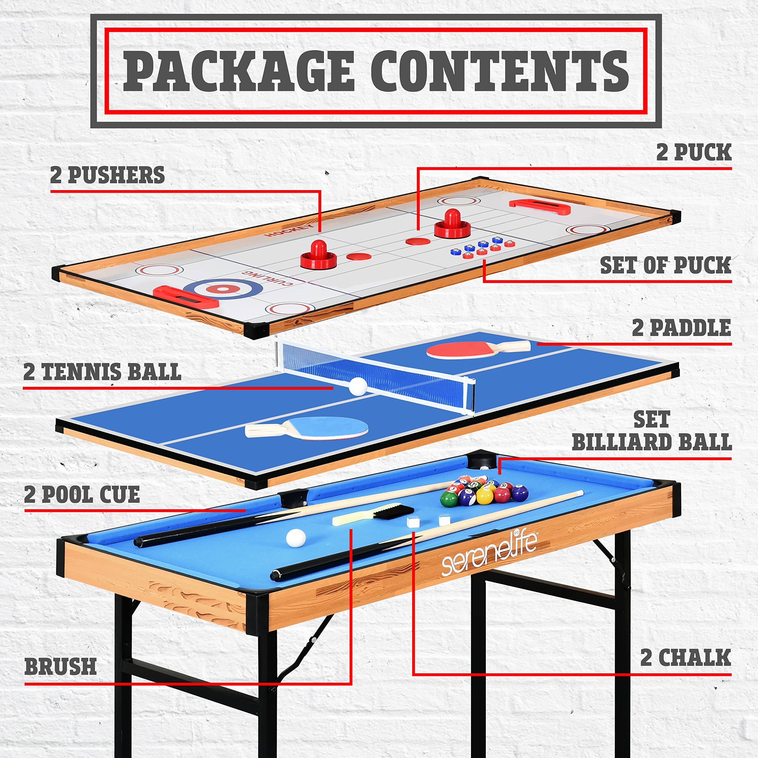 PACKAGE CONTENTS

- 2 PUSHERS
- 2 PUCK
- SET OF PUCK
- 2 PADDLE
- SET BILLIARD BALL
- 2 TENNIS BALL
- 2 POOL CUE
- BRUSH
- 2 CHALK