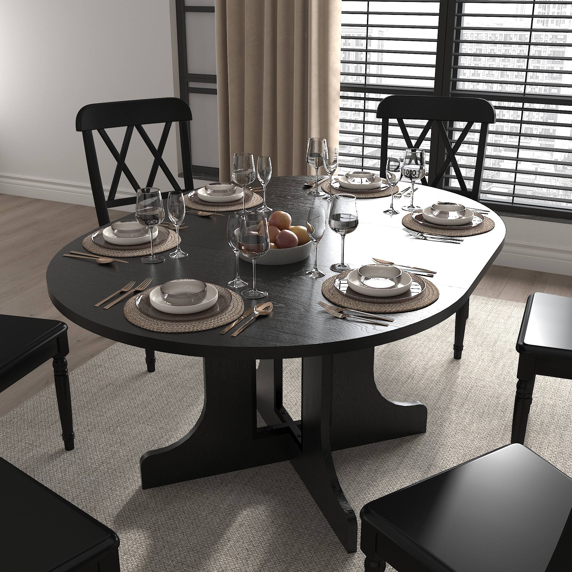 Angle. Tiramisubest - Dining Table for Farmhouse Kitchen 59x43 Inch Expandable Oval Table Top with Removable Leaf Trestle X Shaped Base,Black - Black.