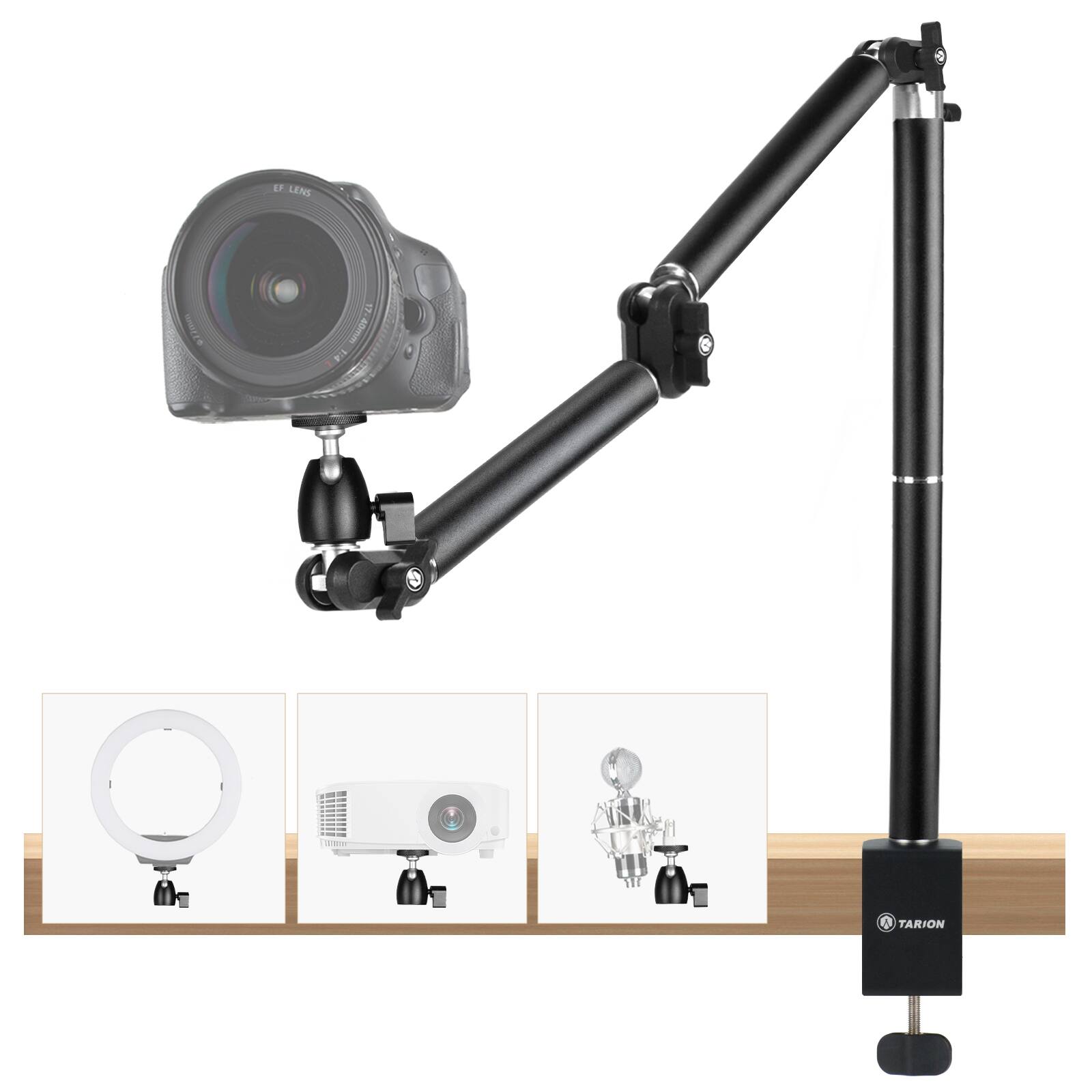 TARION - Camera Desk Mount Stand: Articulated Overhead Arm with Gear Joints for DSLR, Projector Webcam - TKA01-L Upgraded