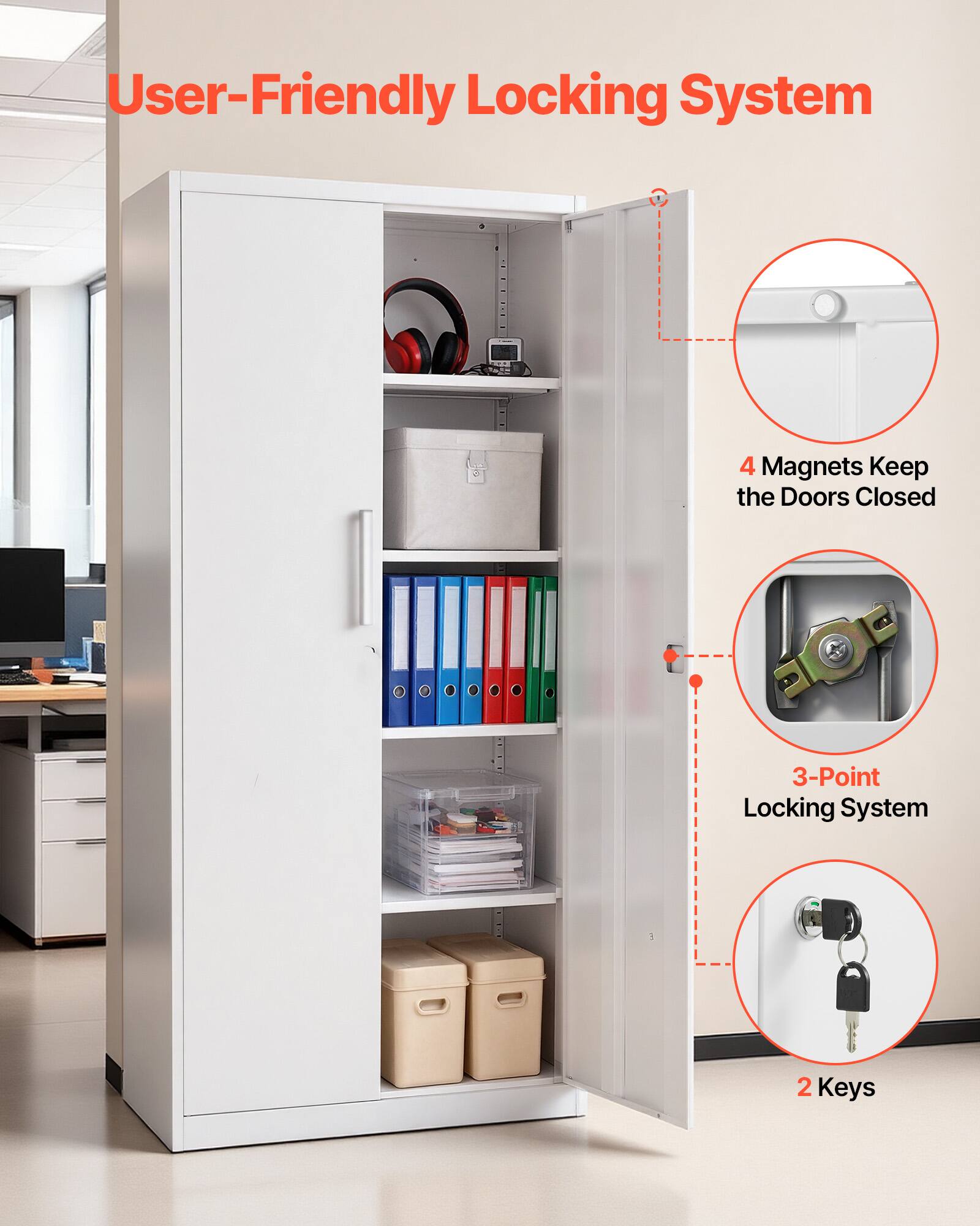 User-Friendly Locking System  
4 Magnets Keep the Doors Closed  
3-Point Locking System  
2 Keys