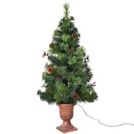 WELLFOR - 4 ft Pre‑Lit Pre‑Decorated Artificial Christmas Tree with Warm‑White LEDs, Red Berries & Pine Cones - Green