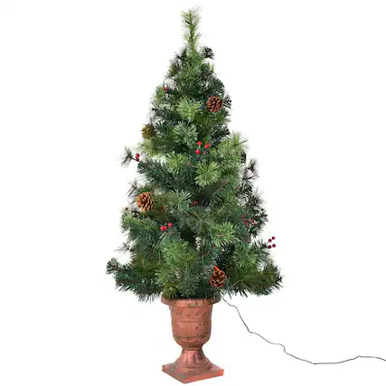 Front. WELLFOR - 4 ft Pre‑Lit Pre‑Decorated Artificial Christmas Tree with Warm‑White LEDs, Red Berries & Pine Cones - Green.