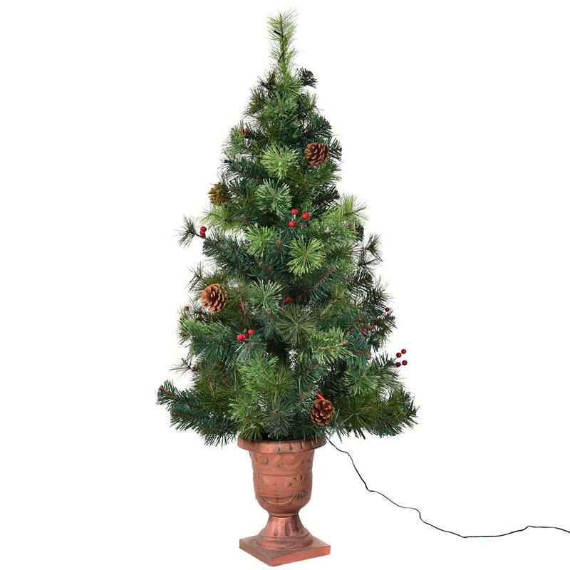 Front. WELLFOR - 4 ft Pre‑Lit Pre‑Decorated Artificial Christmas Tree with Warm‑White LEDs, Red Berries & Pine Cones - Green.