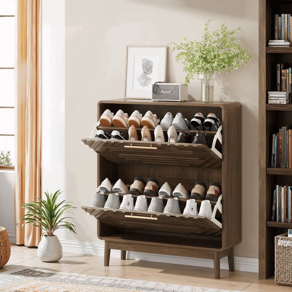 Alt View 1. Kadyn - 31.5" Walnut Shoe Cabinet, Mid-Century Modern Freestanding Shoe Cabinet, Freestanding Organizer with 2 Flip-Top Drawers - Brown.