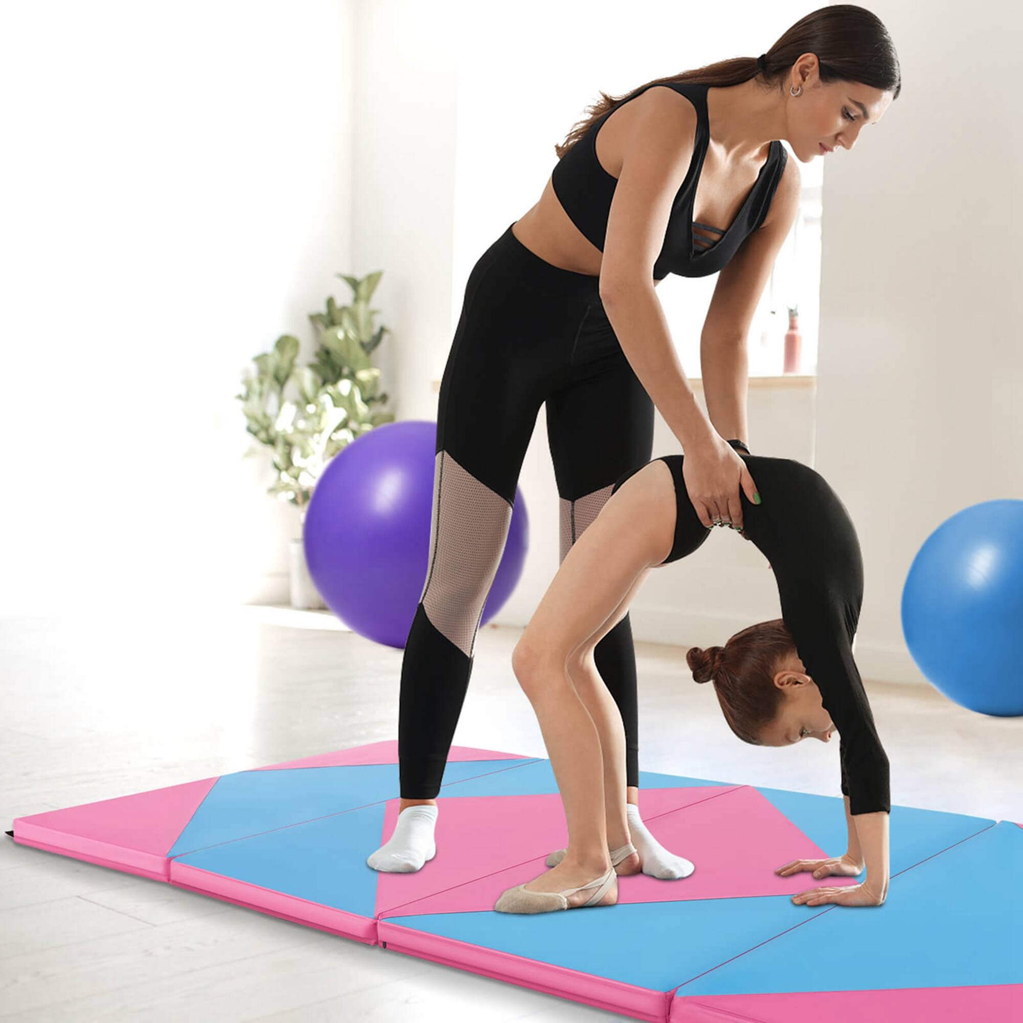 Alt View 3. Costway - Costway Folding Gymnastics Mat 8' x 4' x 2" PU Leather Tumbling Exercise Mat Yoga Gym - Pink,Blue.