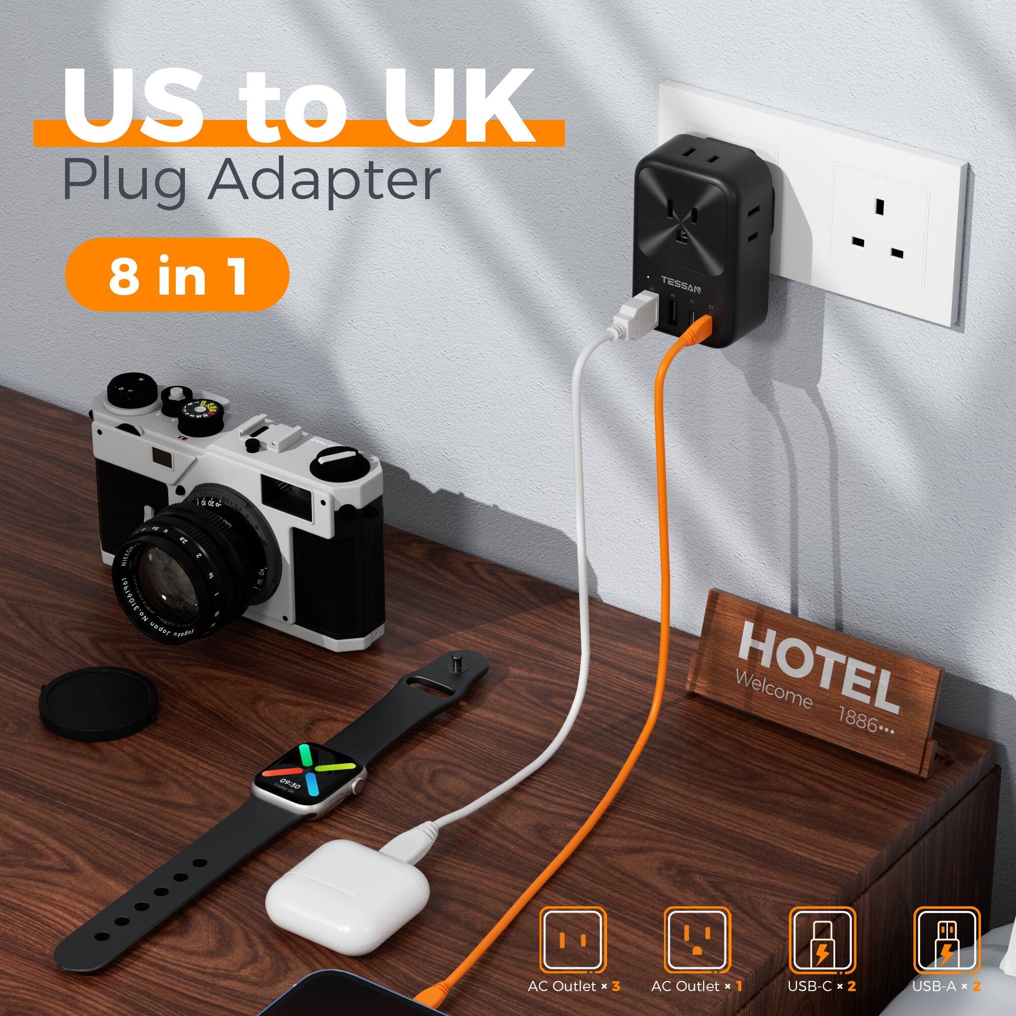 US to UK Plug Adapter 8 in 1 TESSAR is a 5A! 2A PAET a E m5 HOTEL Welcome 1886. AC Outlet - 3 AC Outlet - USB-C - 2 USB-A - 2