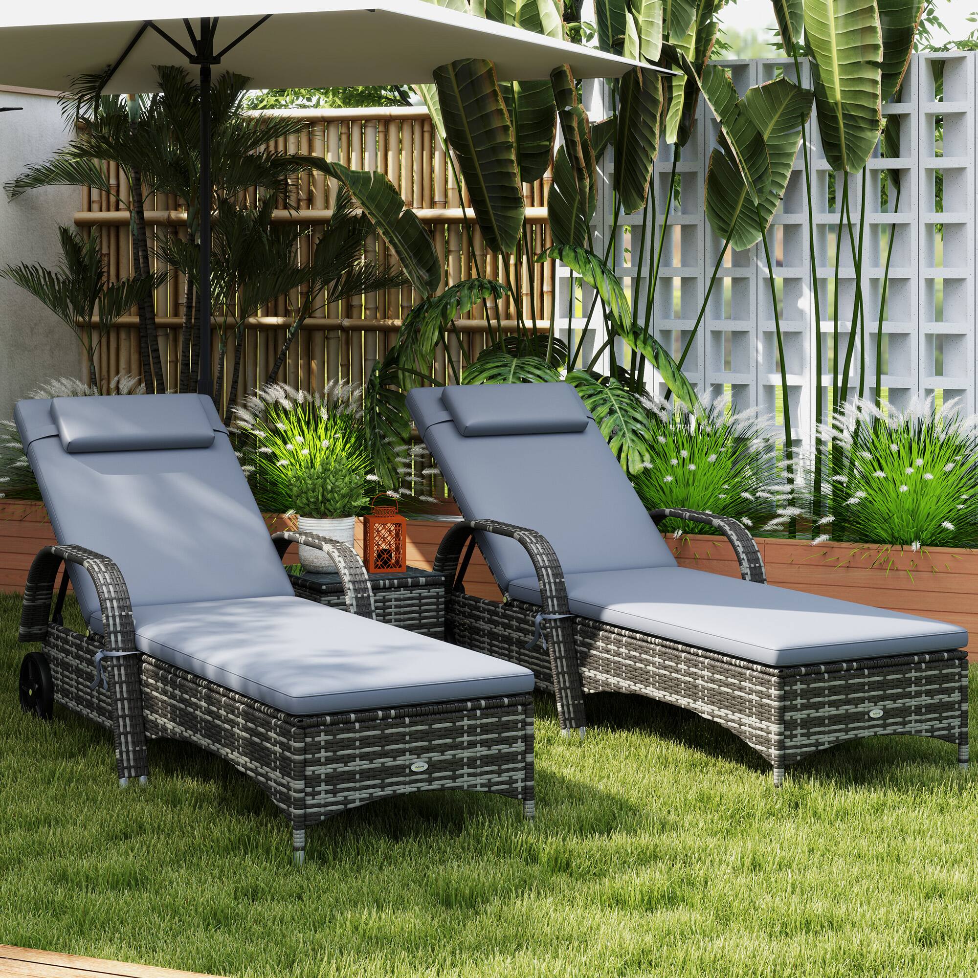 Alt View 1. Outsunny - Wicker Chaise Lounge Chair Set of 2 with Table, Adjustable Backrest, Wheels - Gray.