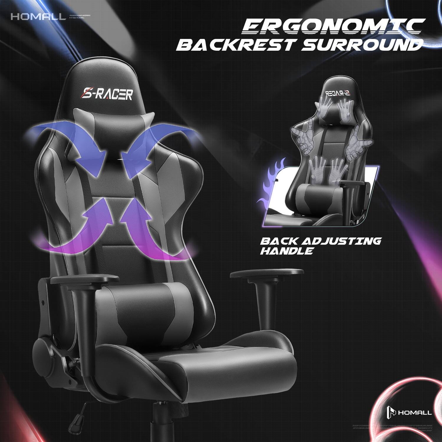 HOMALL  
ERGONOMIC BACKREST SURROUND  
S-RACER  
S-RACER  
BACK ADJUSTING HANDLE  
HOMALL  
www.alarybooklessenges enconbook  
www.al-ain.com