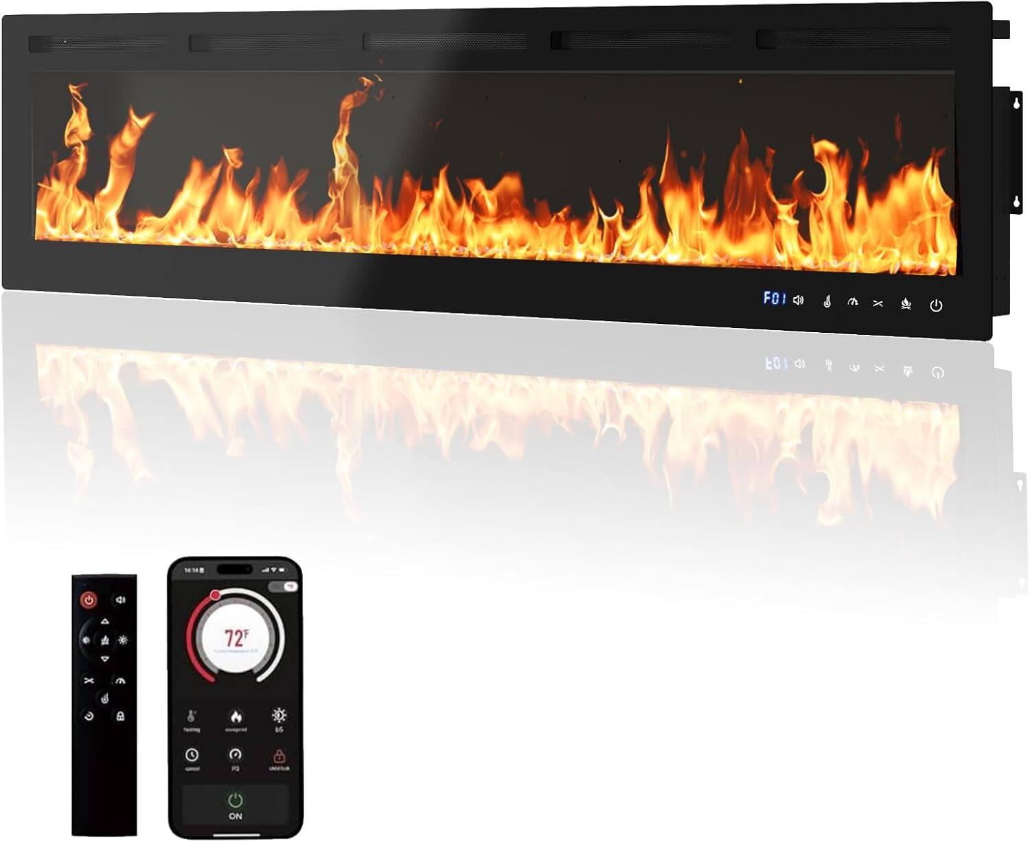 Acekool - 72 Inch Smart Electric Fireplace, Wall Mounted & Recessed Electric Fireplaces - Black
