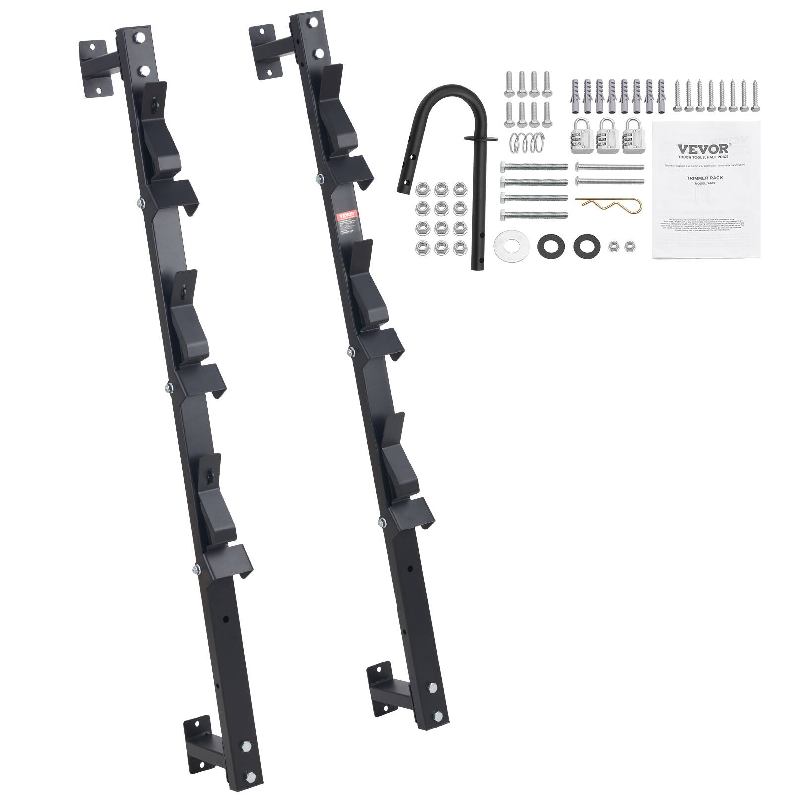 Front. VEVOR - Trimmer Rack, 3 Place Weeder Trimmer Rack, Trim Holder Trailer Rack with Zinc Alloy Password Lock - Black.