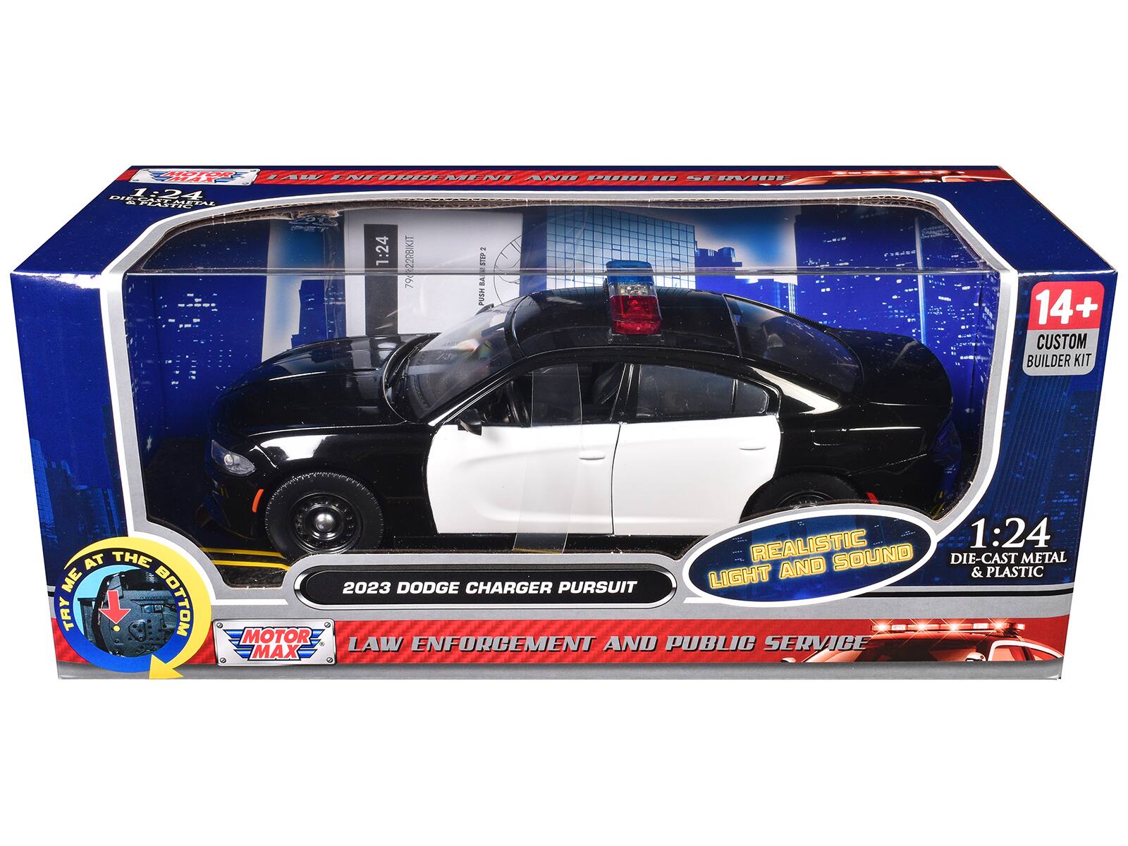 - LAW ENFORCEMENT AND PUBLIC SERVICE
- 1:24
- 2023 DODGE CHARGER PURSUIT
- REALISTIC LIGHT & SOUND
- DIE-CAST METAL & PLASTIC
- 14+ CUSTOM BUILDER KIT
- TRY ME AT THE BOTTOM