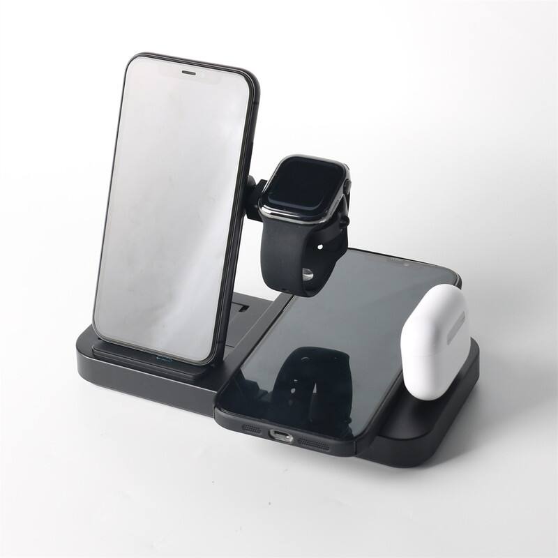 Angle. RISOKEYS - 4-in-1 Wireless Charger - Phone Stand for Samsung Watch, Phone, and Earphones, Foldable Watch Charging Station - White.
