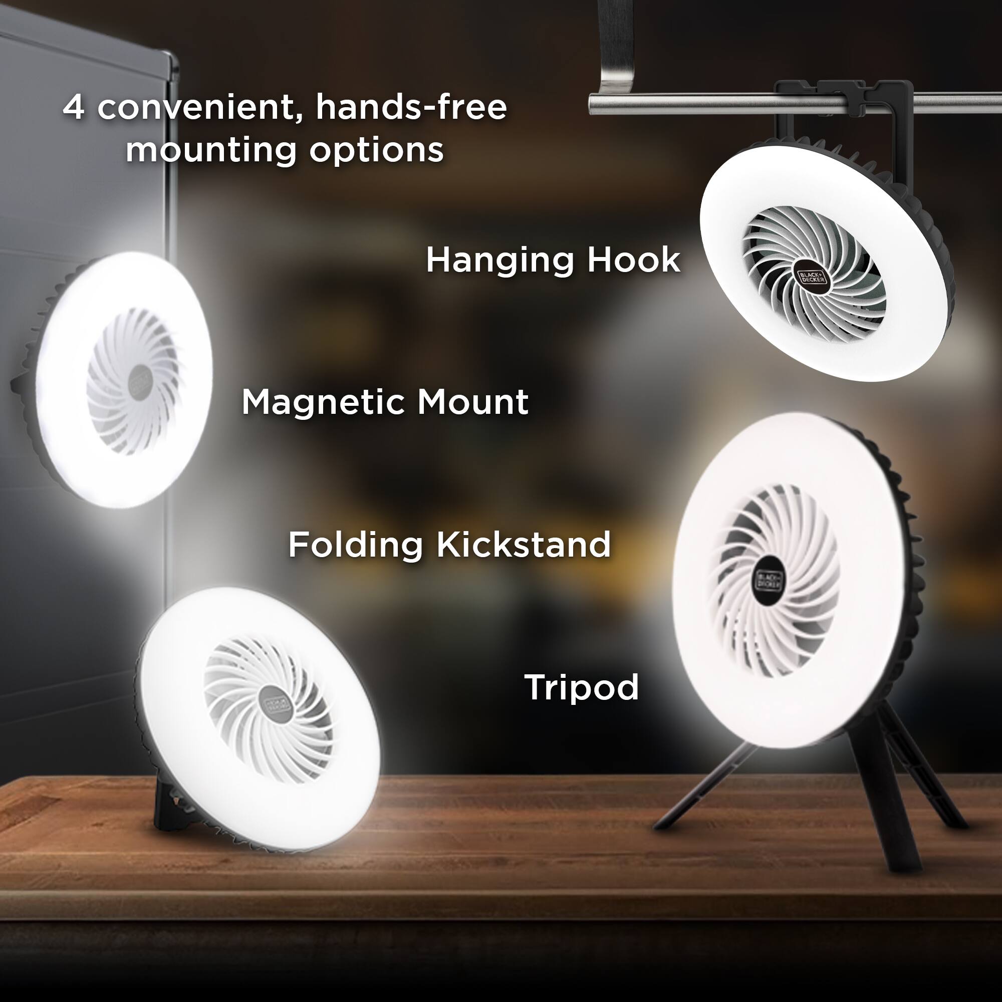 4 convenient, hands-free mounting options

Hanging Hook
Magnetic Mount
Folding Kickstand
Tripod