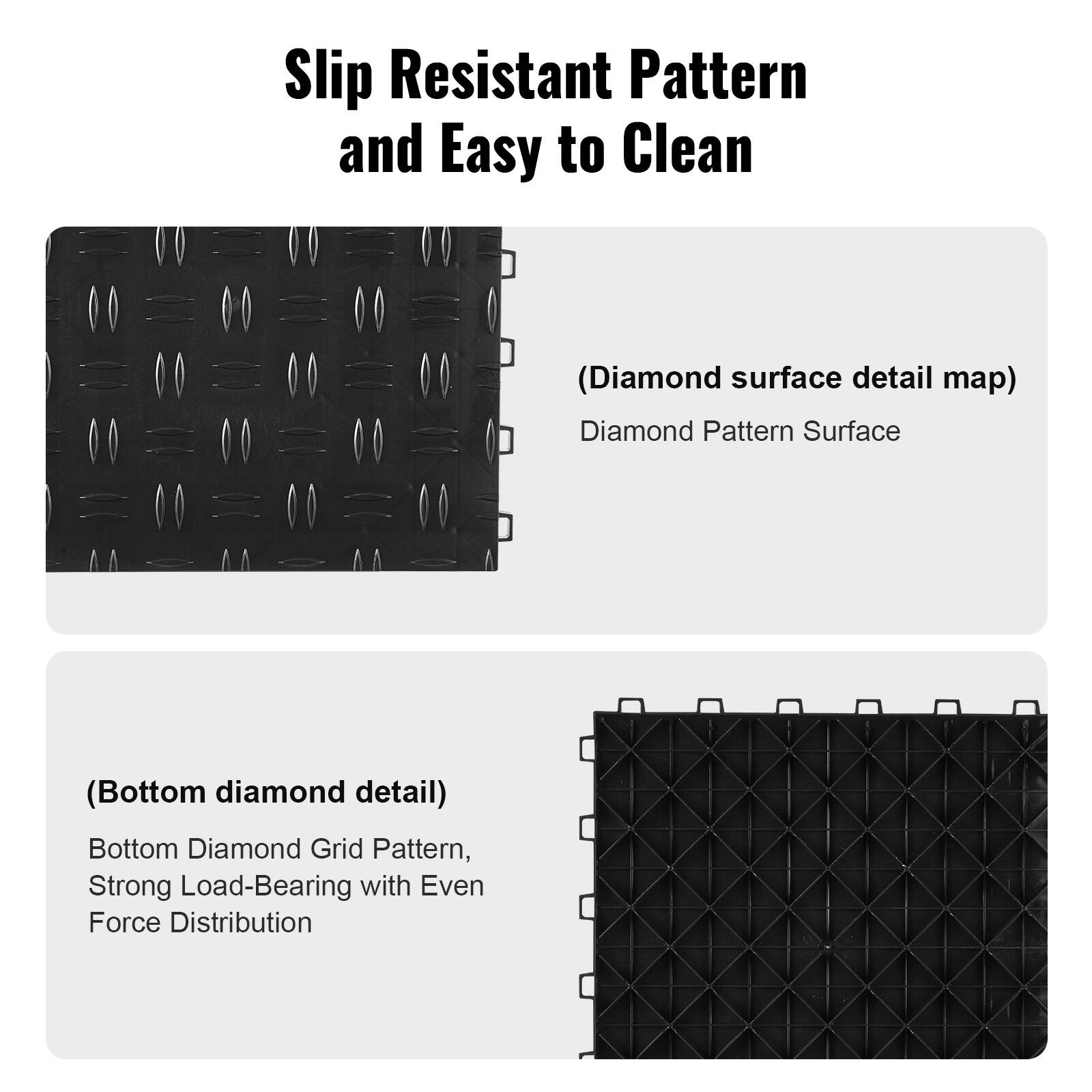 Slip Resistant Pattern and Easy to Clean

(Diamond surface detail map)  
Diamond Pattern Surface

(Bottom diamond detail)  
Bottom Diamond Grid Pattern,  
Strong Load-Bearing with Even Force Distribution
