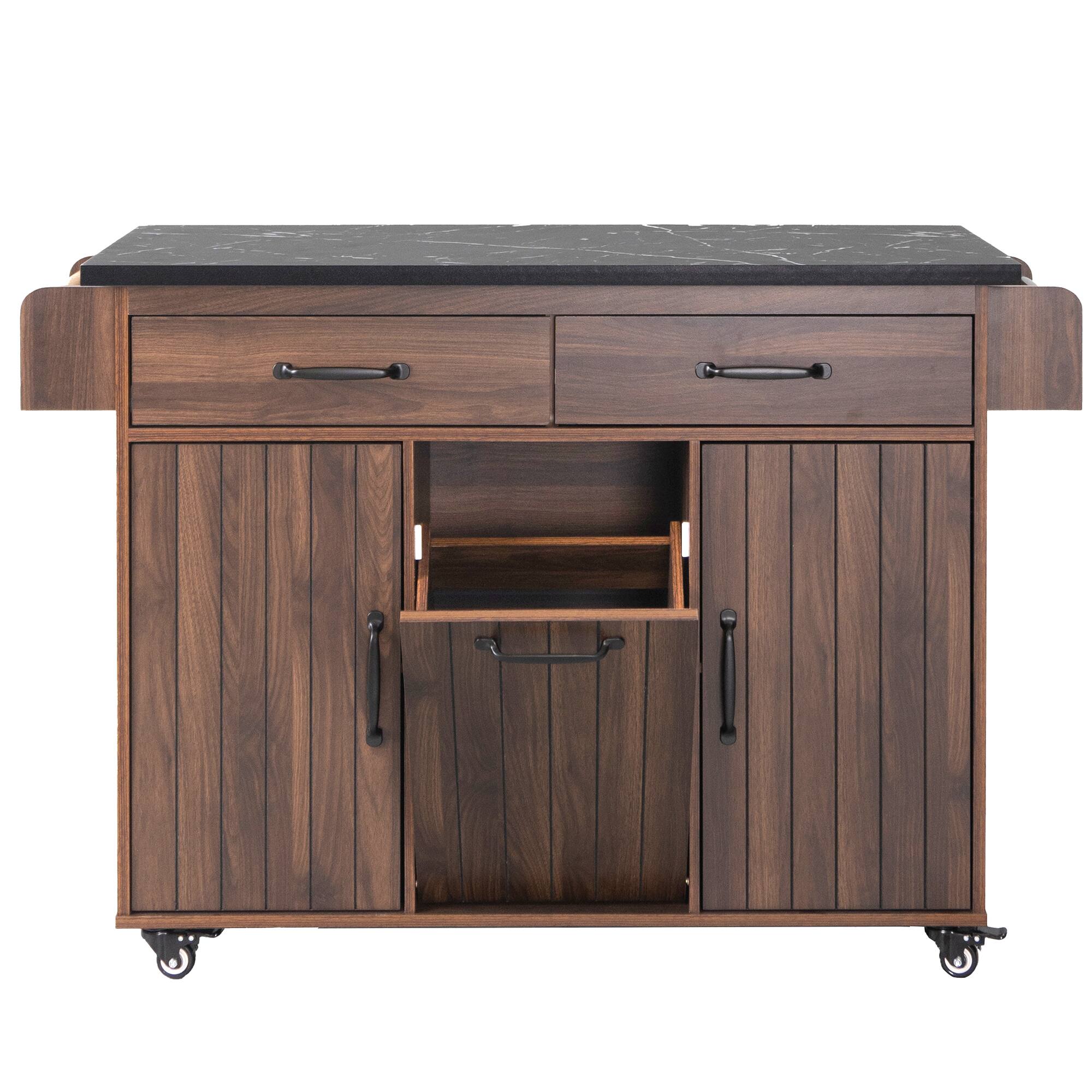 Alt View 8. Forest'nSky - Kitchen Island with Trash Can Storage & Drop Leaf – Rolling Cart with Spice Rack, Towel Rack, Brown - Brown.