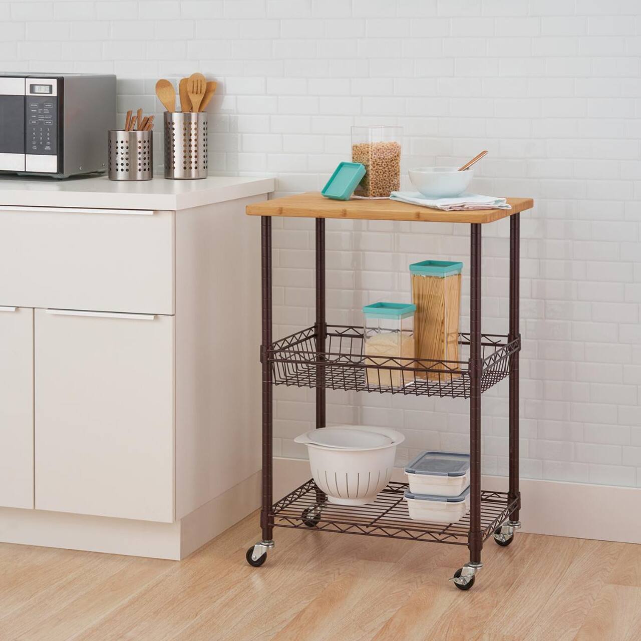 Angle. TRINITY - BASICS Bamboo Top Kitchen Cart w/Basket Dark Bronze - Dark Bronze.