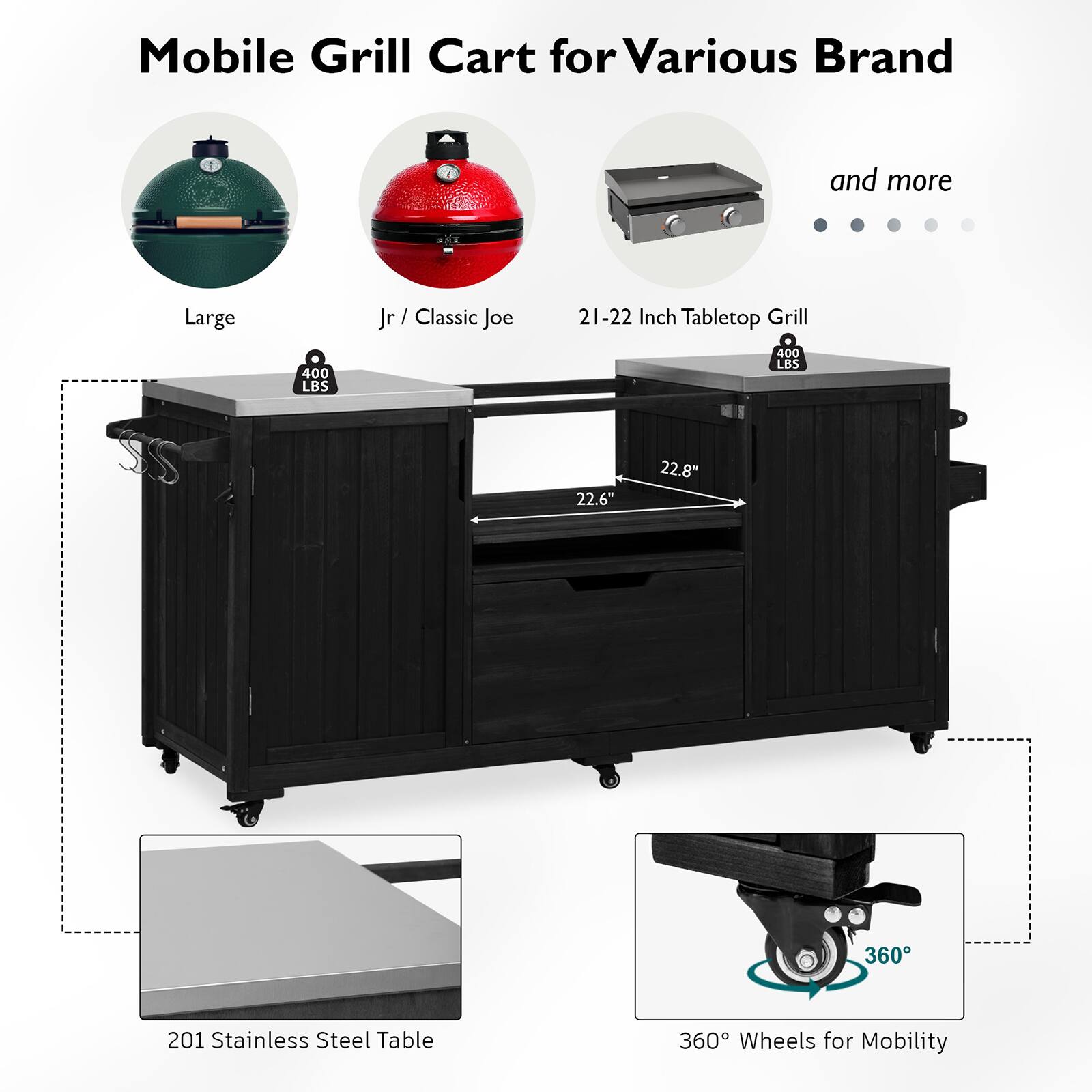 Mobile Grill Cart for Various Brand and more  
Large Jr / Classic Joe  
21-22 Inch Tabletop Grill  
400 LBS  
22.6" x 22.8"  
360° Wheels for Mobility  
201 Stainless Steel Table