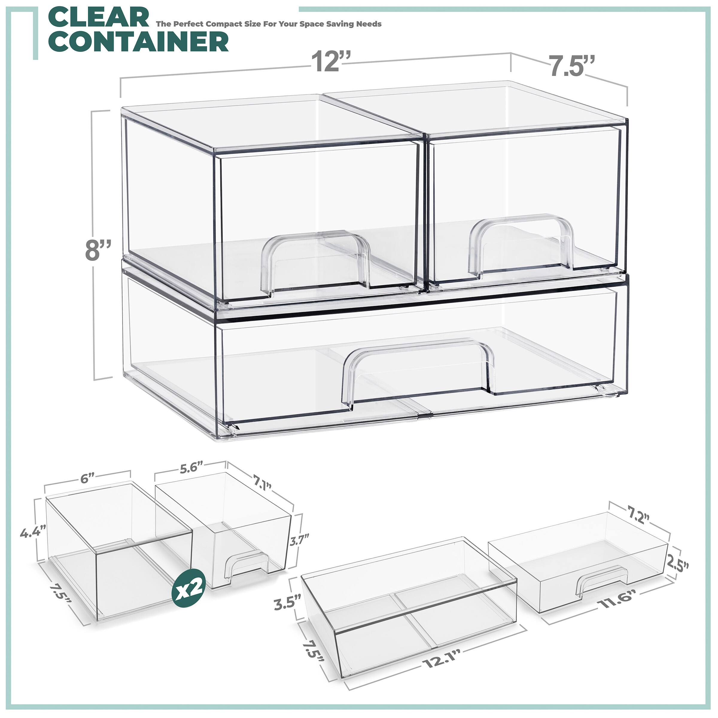 CLEAR CONTAINER  
The Perfect Compact Size For Your Space Saving Needs  

12" x 7.5" x 8"  
6" x 4.4" x 7.5" x 5.6" x 2  
7.2" x 2.5" x 11.6"