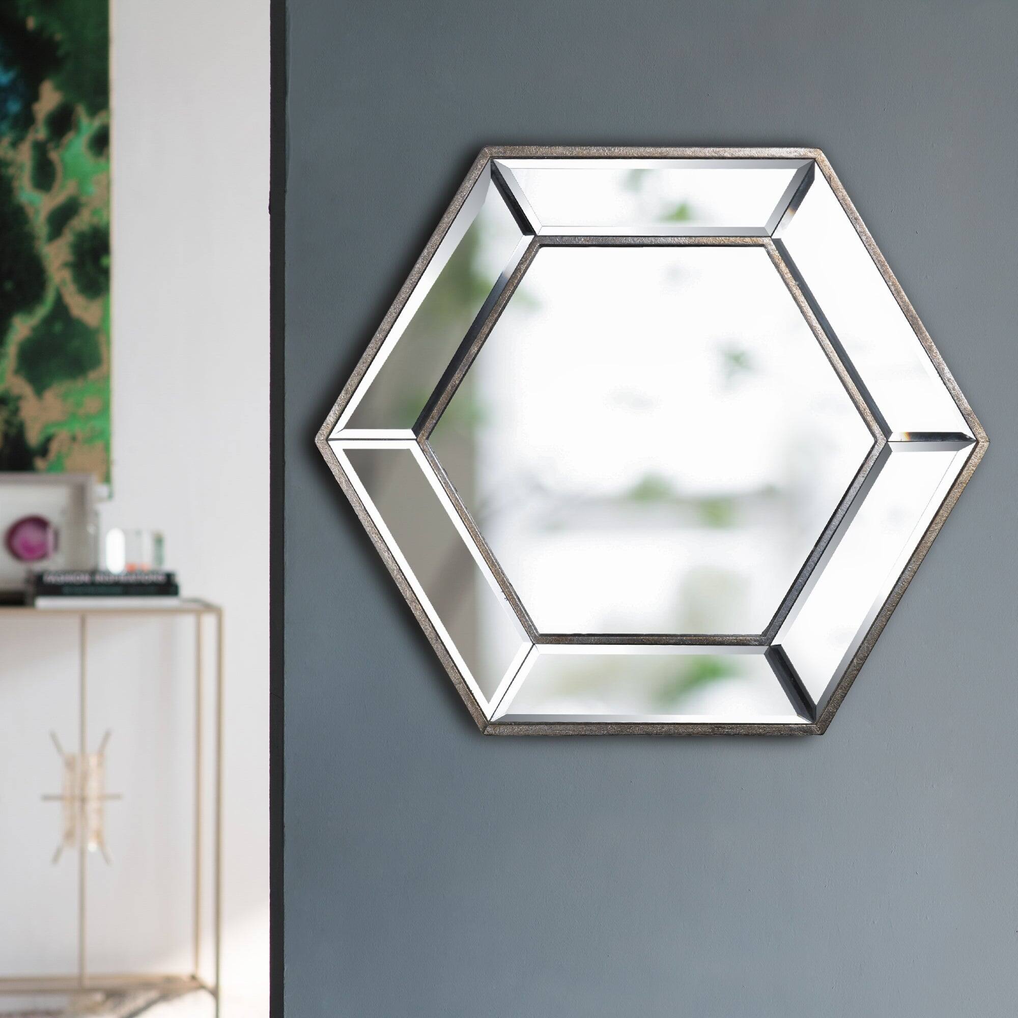 Left. BreeBe - 20x18 Hexagon Wall Mirror with Contemporary Glass Design Home Decor Accent Mirror for Living Room Entryway Bedroom - Silver.