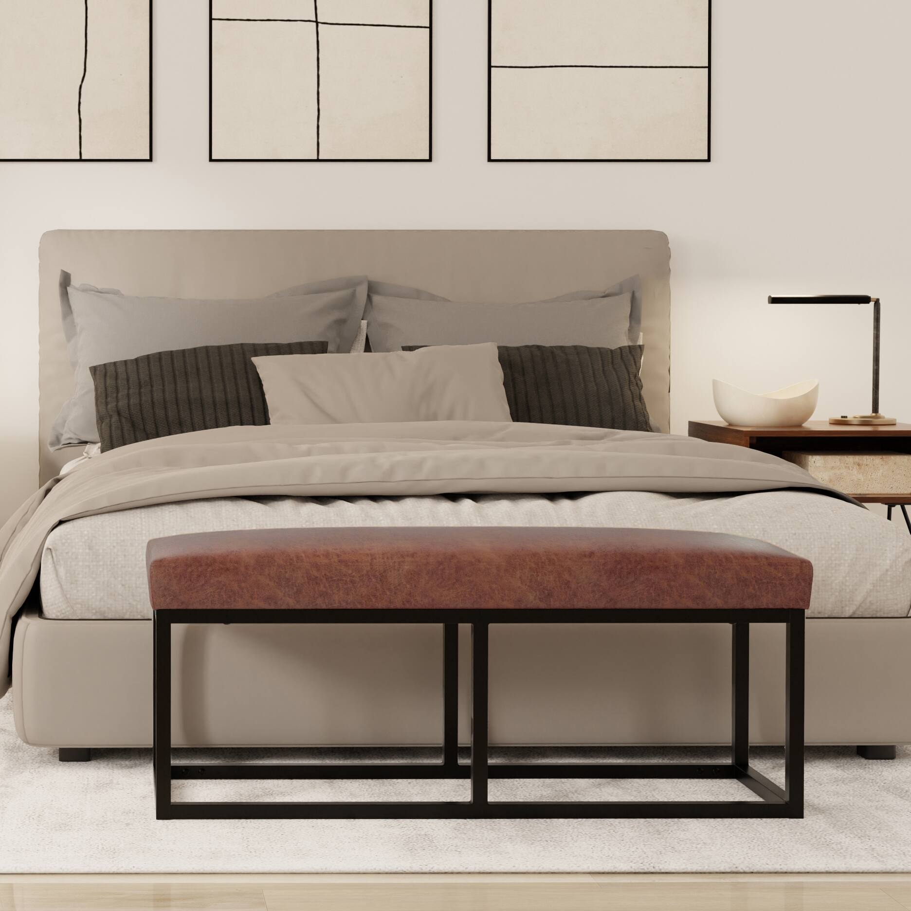 Angle. Simpli Home - Reynolds Ottoman Bench in Distressed Saddle Brown Faux Leather - Distressed Saddle Brown.