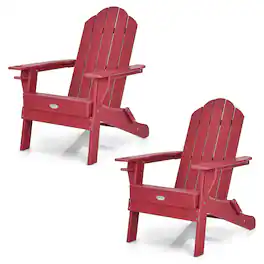 Gymax - 2PCS Patio Folding Adirondack Chair Weather Resistant Cup Holder Yard - Red