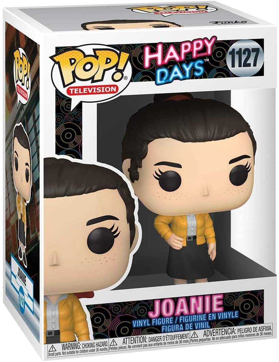 POP! TELEVISION  
HAPPY DAYS  
1127  

JOANIE  
VINYL FIGURE / FIGURINE EN VINYLE / FIGURA DE VINIL  

ADVERTENCIA: PELIGRO DE ASFIXIA.  
ATTENTION: DANGER D'ÉTOUFFEMENT.  
WARNING: CHOKING HAZARD.  

No es adecuado para niños menores de 36 meses.  
Ne convient pas aux enfants de moins de 36 mois.  
Not suitable for children under 36 months.  

Pequeñas piezas.  
Petites pièces.  
Small parts.