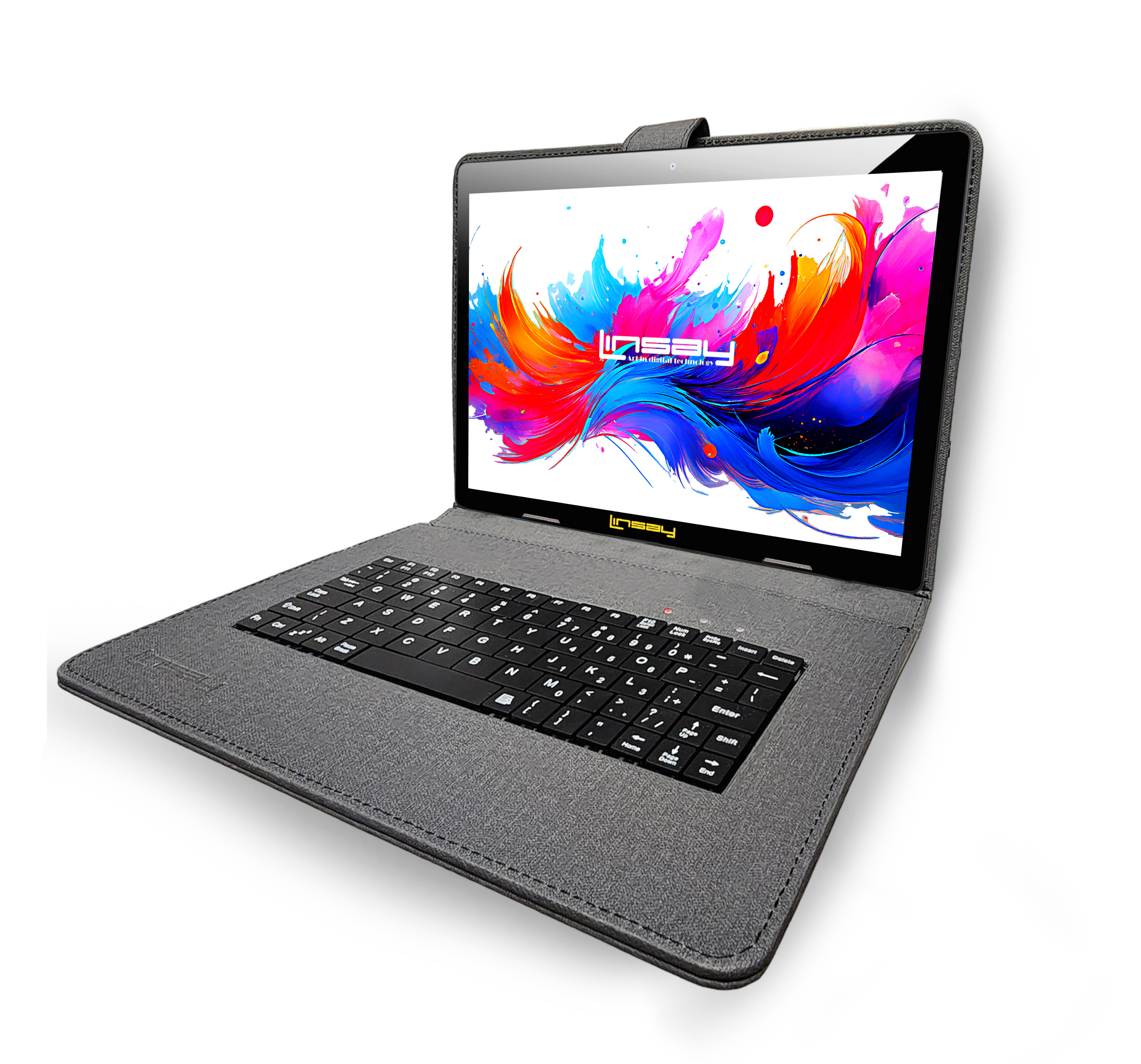 Left. LINSAY - LINSAY 10.1" Octa Core 256GB Storage Android 15 with Designer Cloth Keyboard Case and Stylish Backpack and Pen Stylus - Black.