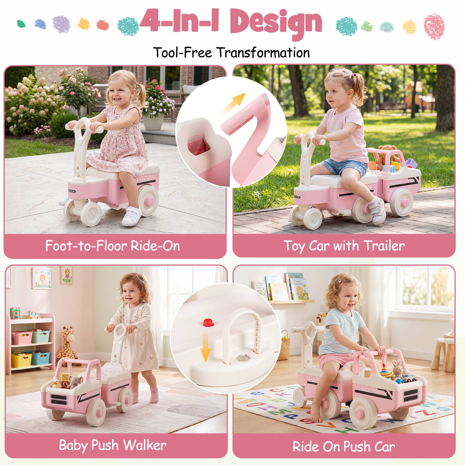 4-In-1 Design Tool-Free Transformation 8 HION W SO Foot-to-Floor Ride-On Toy Car with Trailer I Baby Push Walker FA9 bx SUPERTS: Ride On Push Car