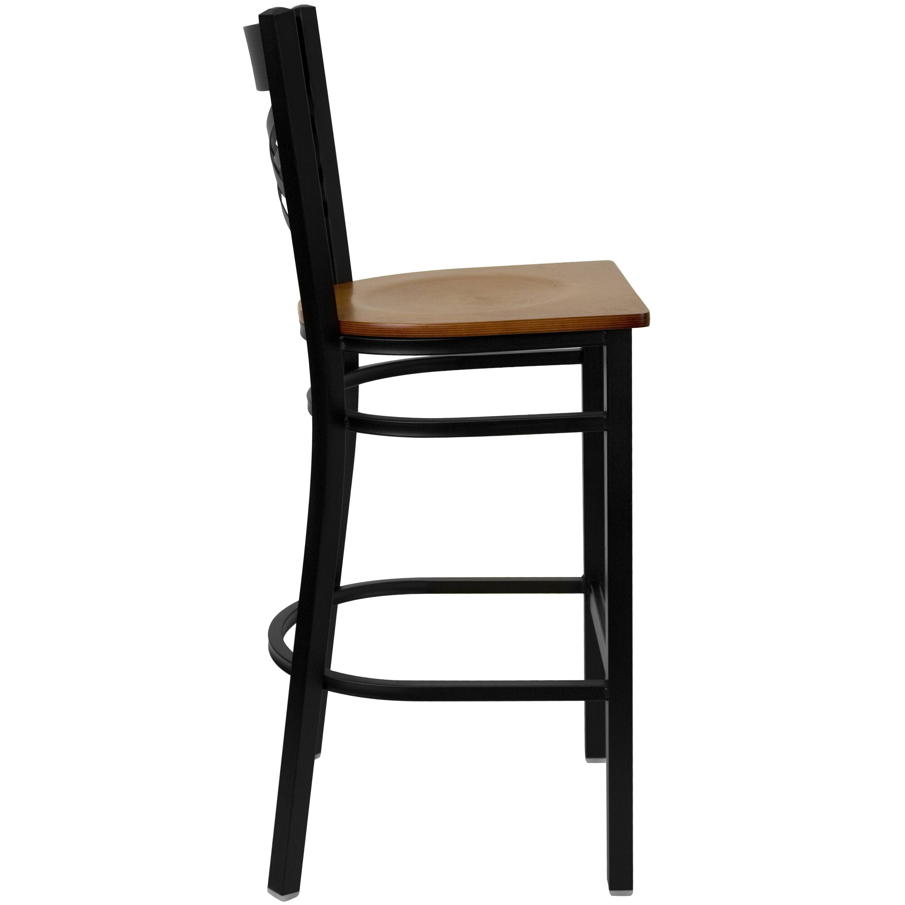 Alt View 3. Emma + Oliver - "X" Back Metal Restaurant Dining Barstool - Cherry Wood Seat/Black Metal Frame.