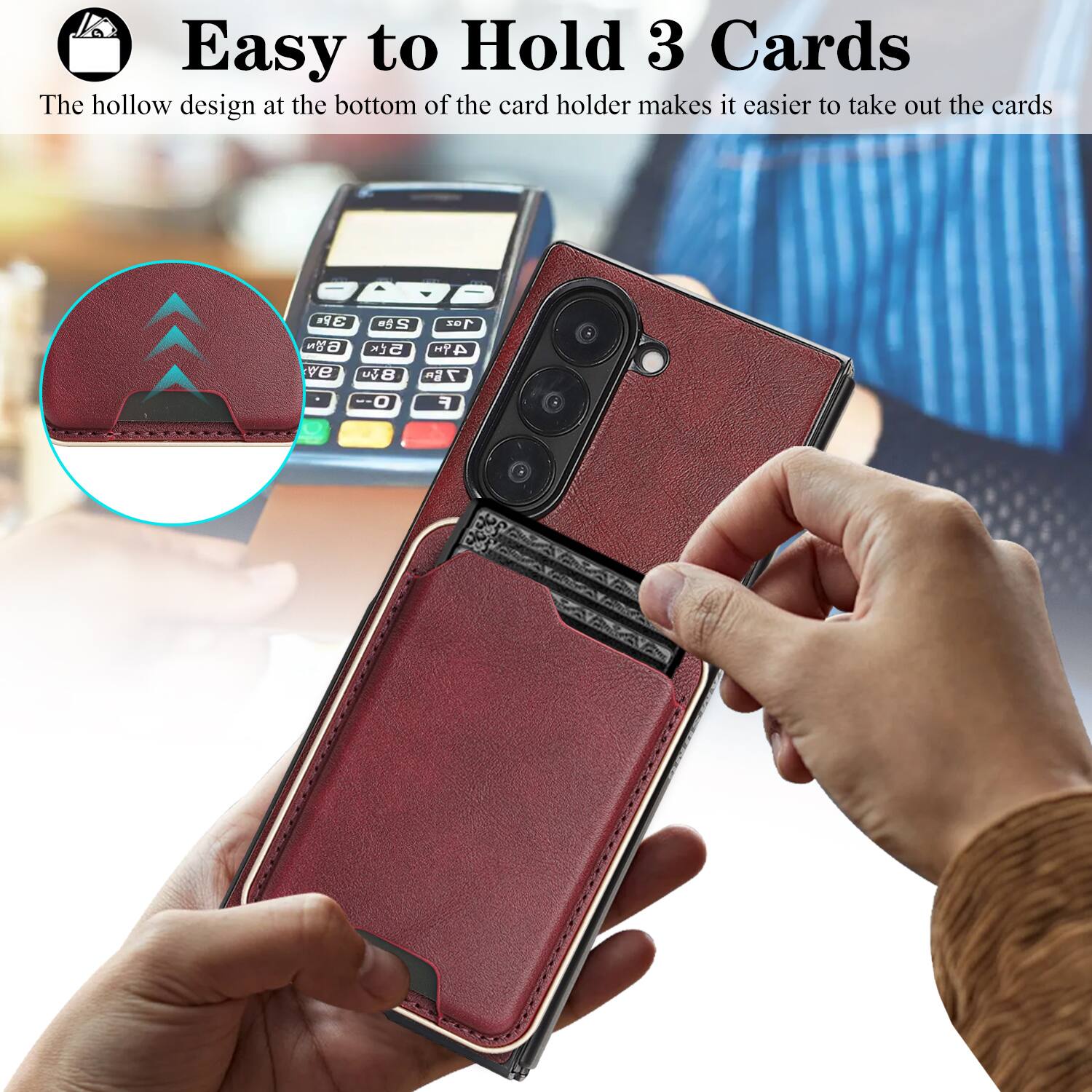 Easy to Hold 3 Cards

The hollow design at the bottom of the card holder makes it easier to take out the cards