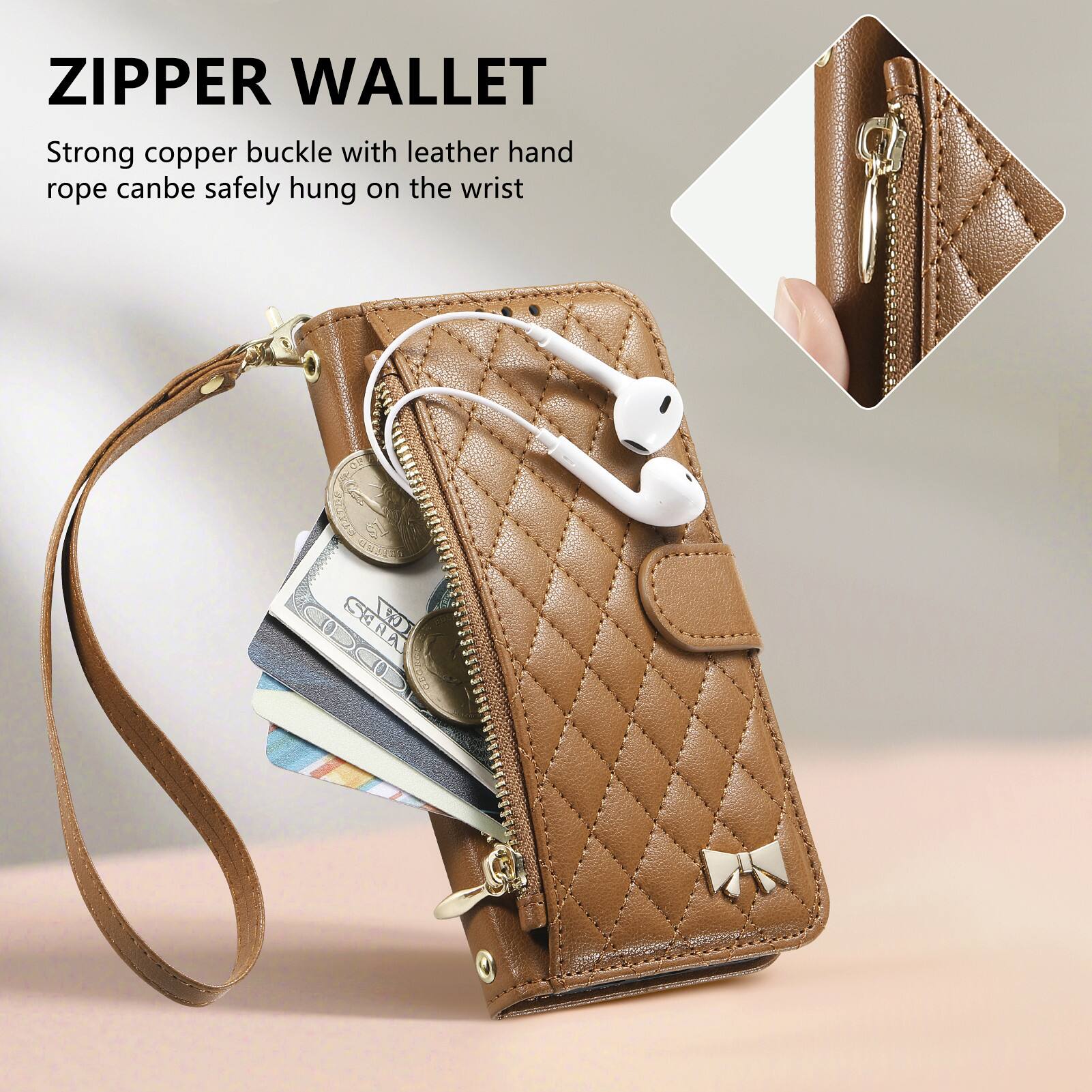 ZIPPER WALLET

Strong copper buckle with leather hand rope can be safely hung on the wrist