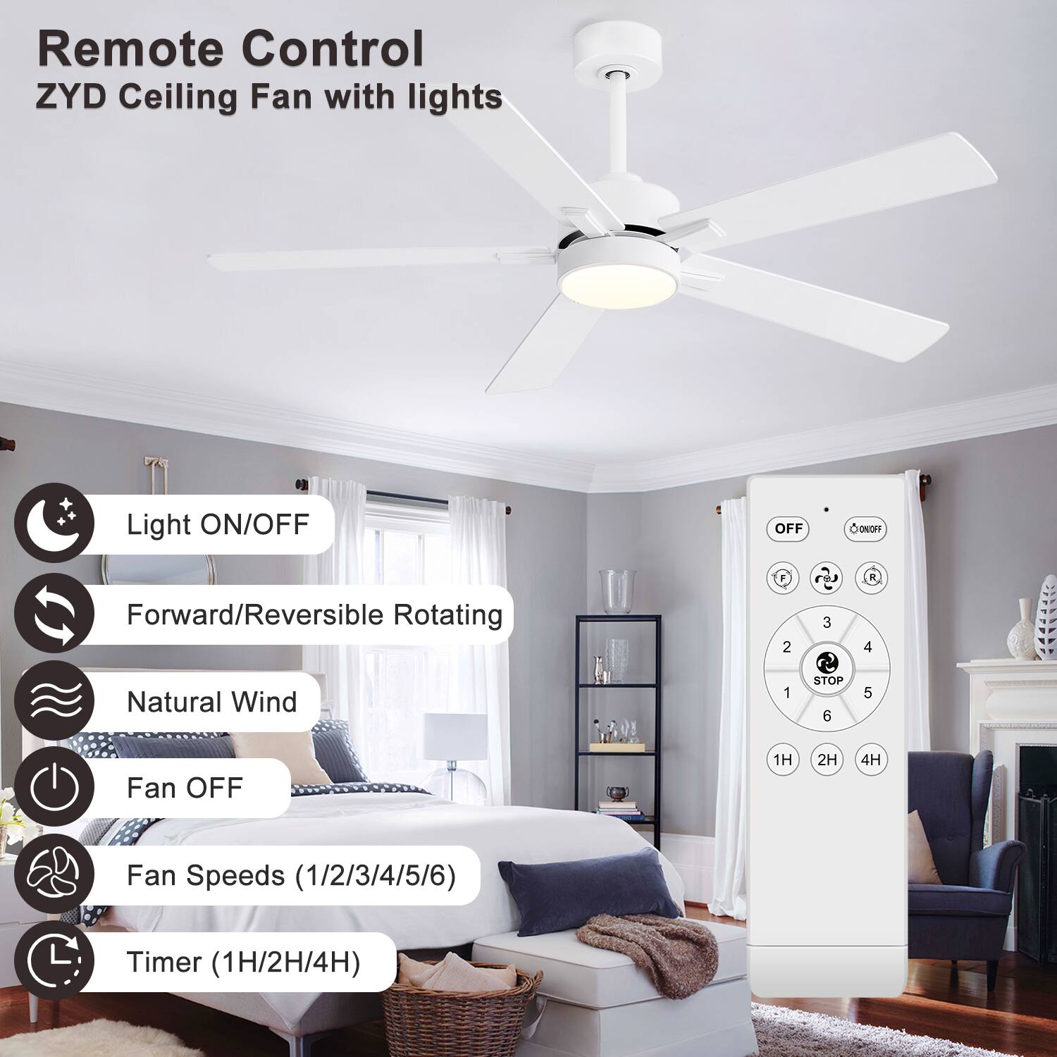 Remote Control  
ZYD Ceiling Fan with lights  

- Light ON/OFF  
- Forward/Reversible Rotating  
- Natural Wind  
- Fan OFF  
- Fan Speeds (1/2/3/4/5/6)  
- Timer (1H/2H/4H)  

Buttons:  
- Light ON/OFF  
- Forward/Reversible Rotating  
- Natural Wind  
- Fan OFF  
- Fan Speeds (1/2/3/4/5/6)  
- Timer (1H/2H/4H)