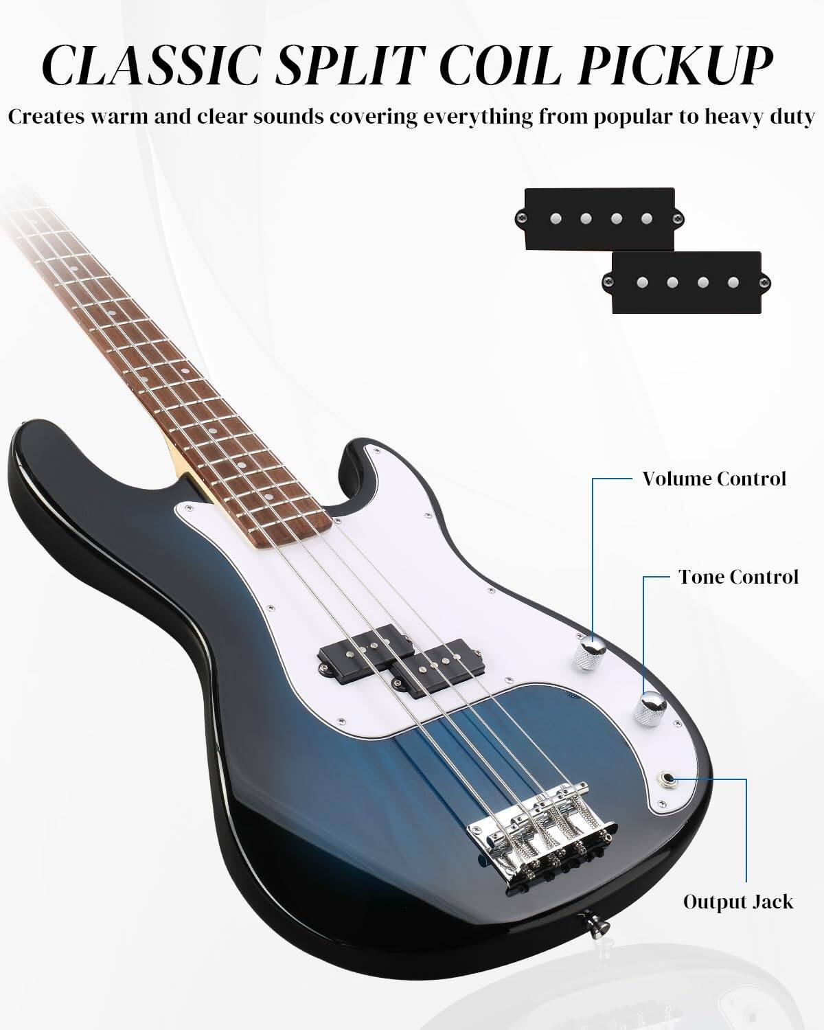 CLASSIC SPLIT COIL PICKUP  
Creates warm and clear sounds covering everything from popular to heavy duty

- Volume Control
- Tone Control
- Output Jack