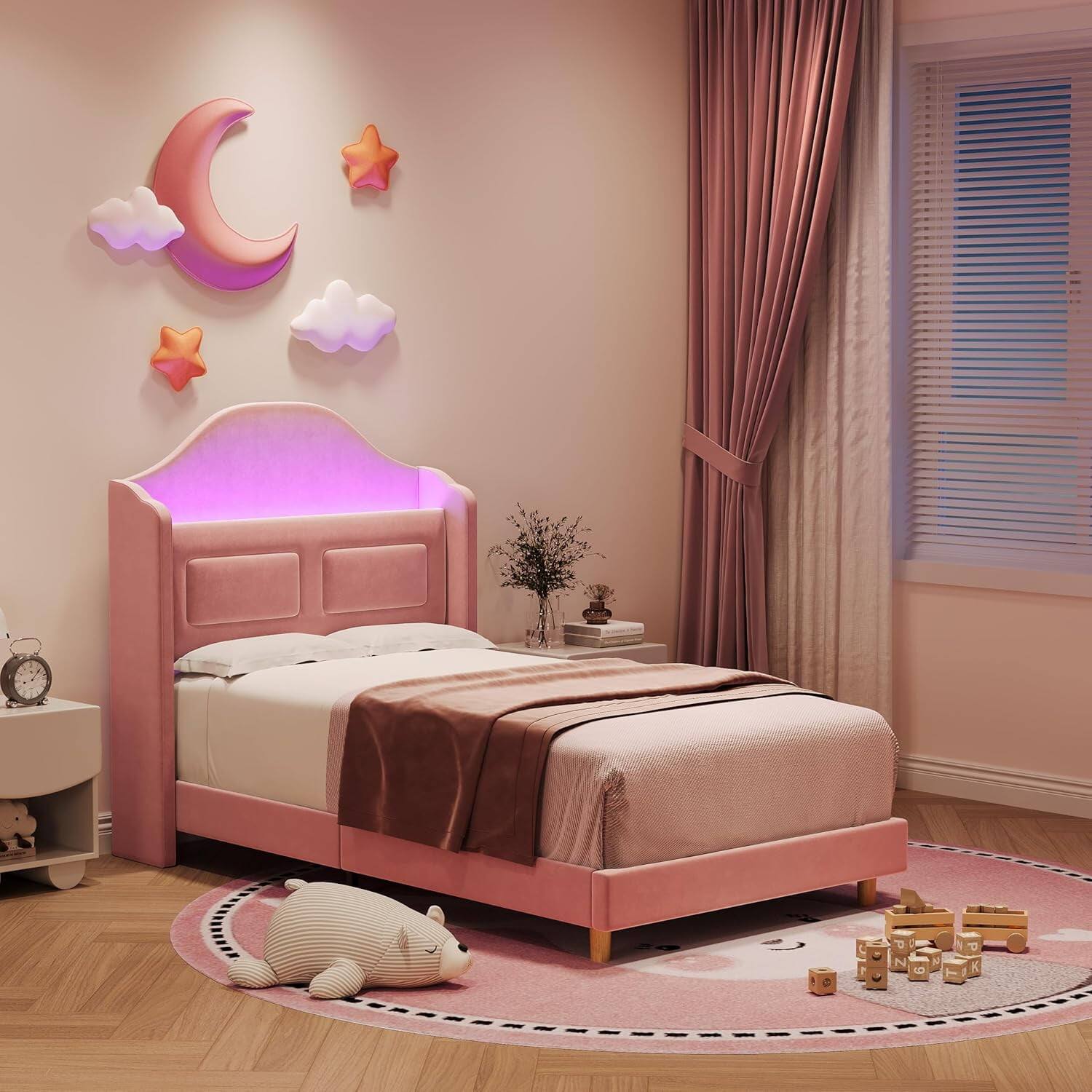 Left. Qeetex - Twin Size Bed Frame with Headboard, LED Lights, Velvet Upholstered, Wing Back, Easy Assembly, No Box Spring - Pink - Pink Twin.