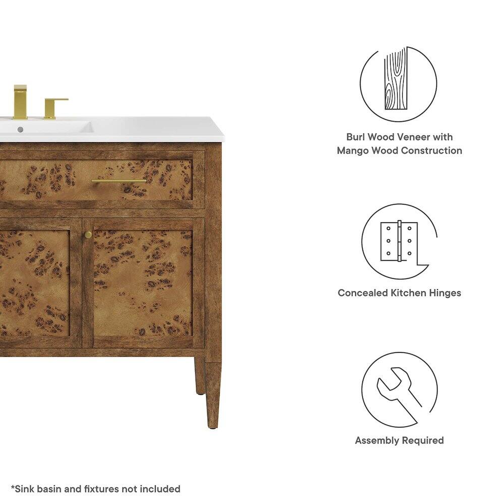 Burl Wood Veneer with Mango Wood Construction  
Concealed Kitchen Hinges  
Assembly Required  

*Sink basin and fixtures not included
