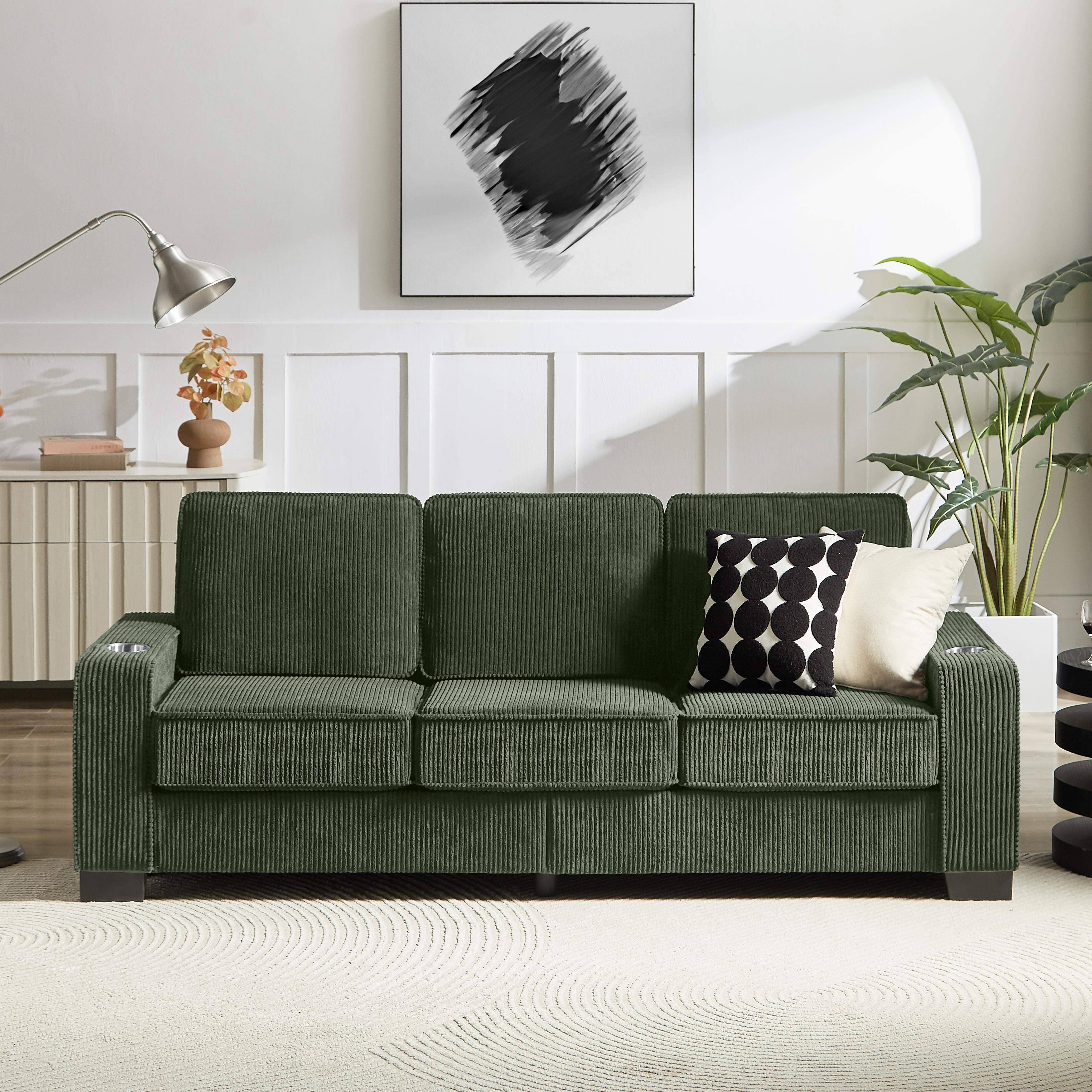 Front. Roomtec - 83.86 inch Corduroy Fabric sofaModern Compressed Couch3Seater Sofa Furniture for Living RoomBedroomoffice Green - Green.