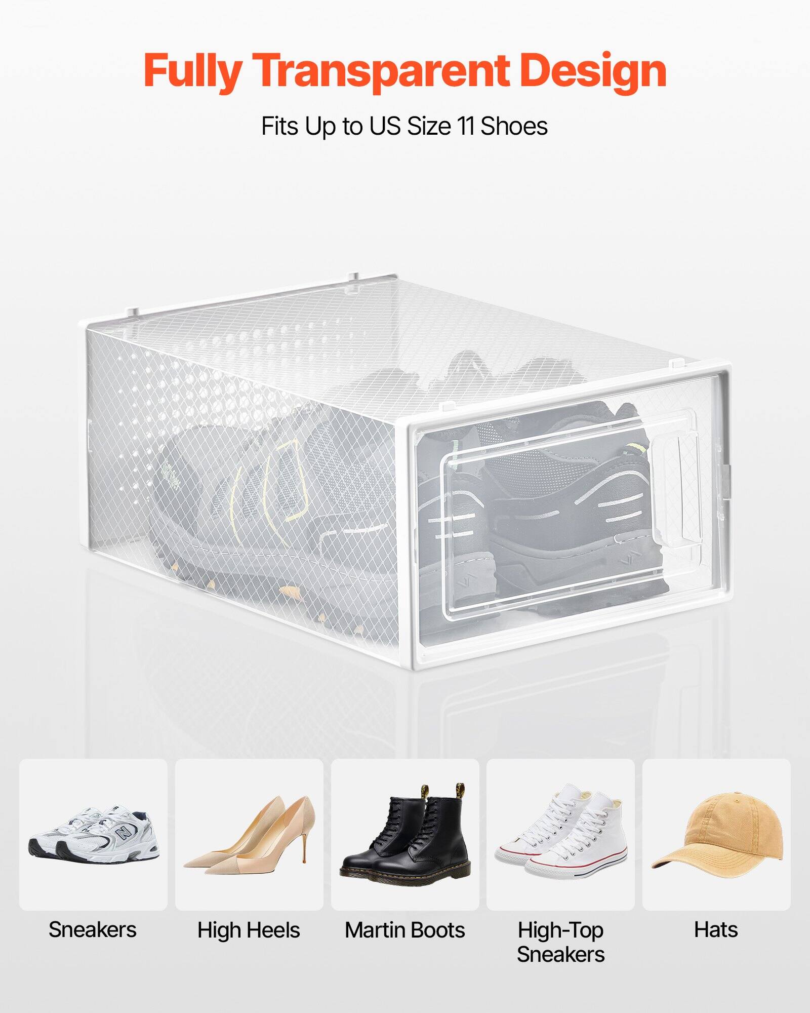 Fully Transparent Design  
Fits Up to US Size 11 Shoes  

Sneakers  
High Heels  
Martin Boots  
High-Top Sneakers  
Hats