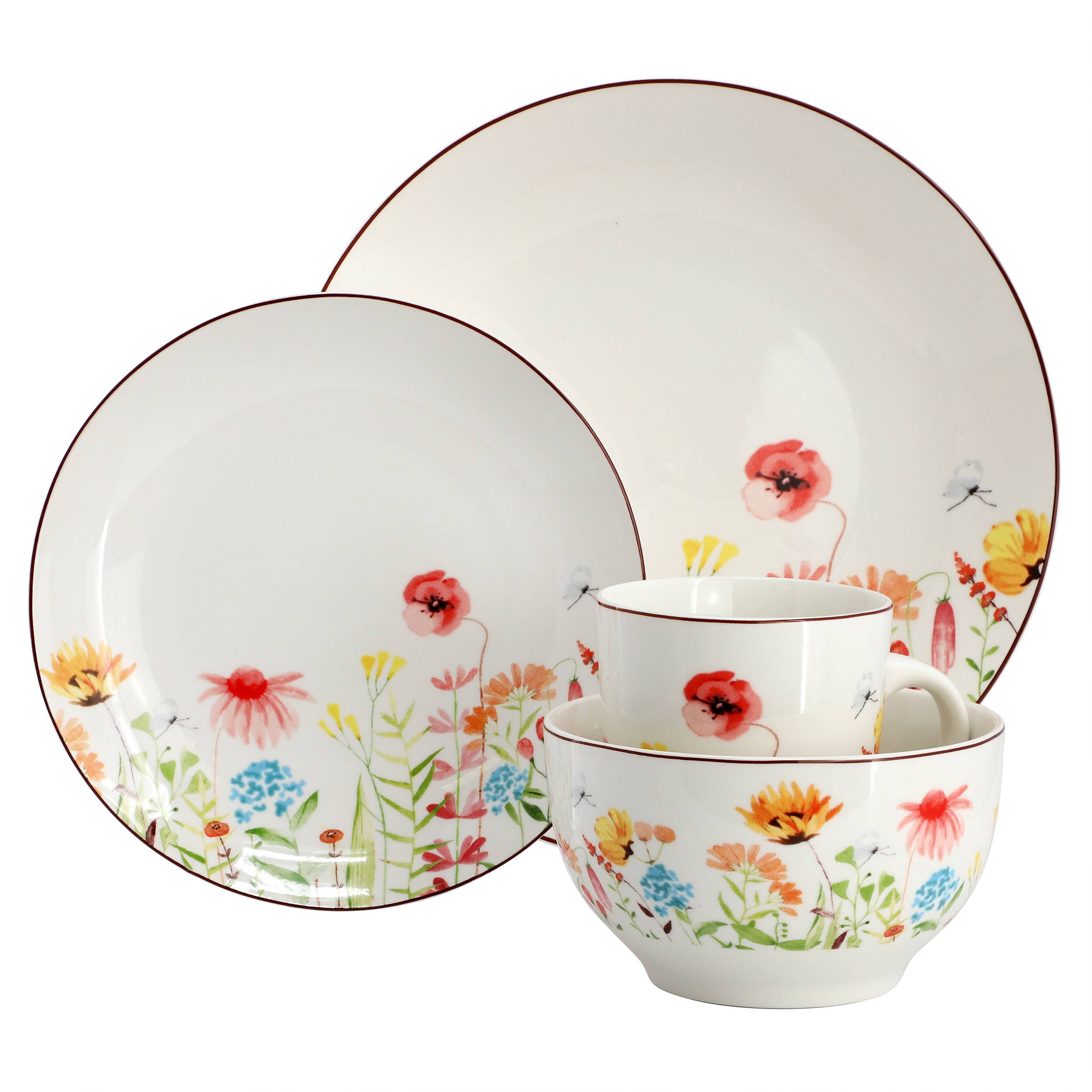Alt View 1. Elama - Elama Wildflower Meadow 16 Piece Stoneware Dinnerware Set in White and Multi - White and Multi.