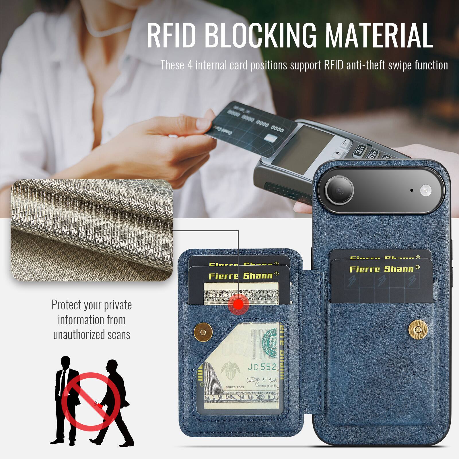 RFID BLOCKING MATERIAL

These 4 internal card positions support RFID anti-theft swipe function

Protect your private information from unauthorized scans

JC 552