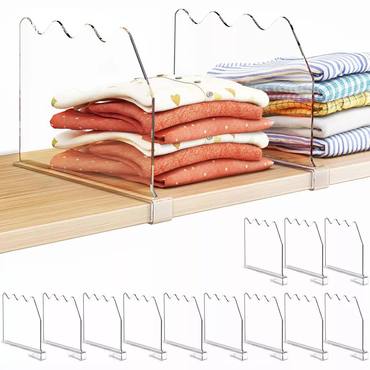 Front. Wikistore - Shelf Dividers for Closet, Clear Dividers for Clothes, Purses, Wood Shelves, 6 Pack - Clear.