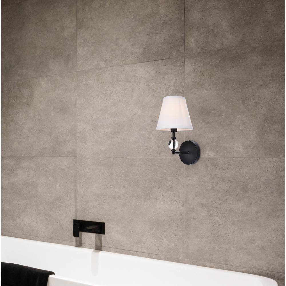 Front. Living District - Bethany 1 light bath sconce in black with white fabric shade - Black And White Fabric Shade.