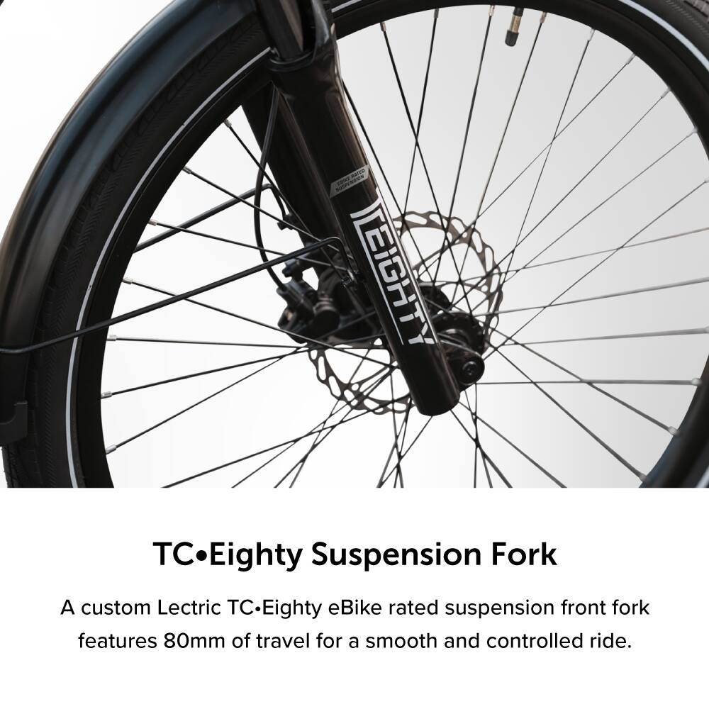 A custom Lectric TC Eighty Suspension Fork features 80mm of travel for a smooth and controlled ride.